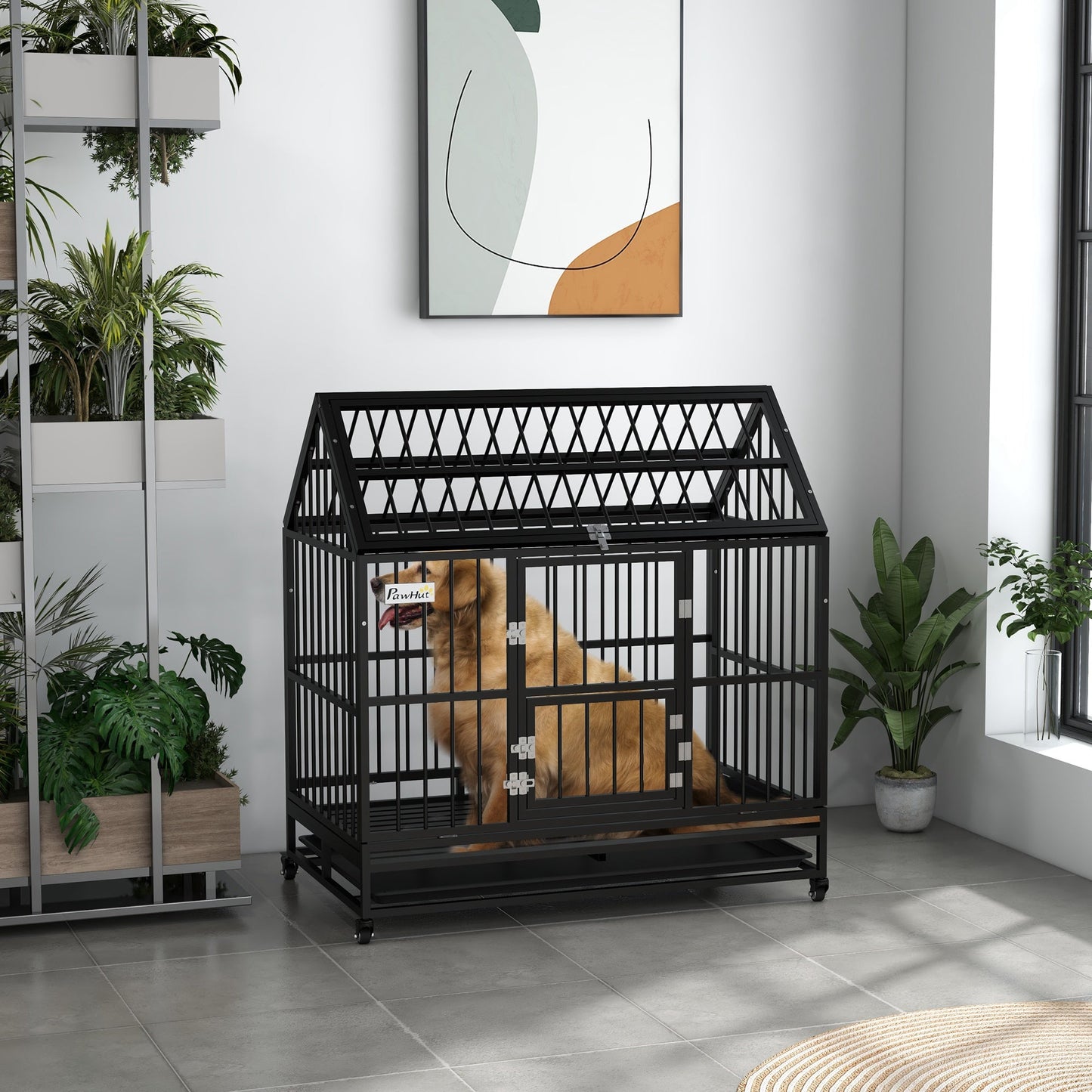 48" Heavy Duty Dog Crate, Indoor Outdoor Dog Cage on Wheels with Locks, Removable Tray, Openable Top, 2 Doors, for Large and Extra Large Dog - Black