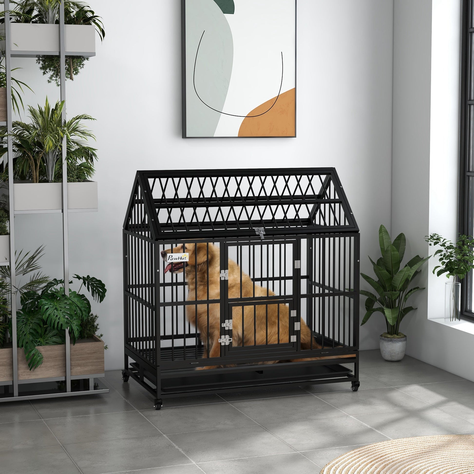 48" Heavy Duty Dog Crate, Indoor Outdoor Dog Cage on Wheels with Locks, Removable Tray, Openable Top, 2 Doors, for Large and Extra Large Dog - Black