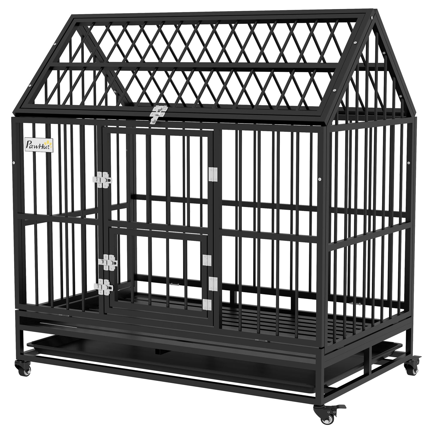 48" Heavy Duty Dog Crate, Indoor Outdoor Dog Cage on Wheels with Locks, Removable Tray, Openable Top, 2 Doors, for Large and Extra Large Dog - Black