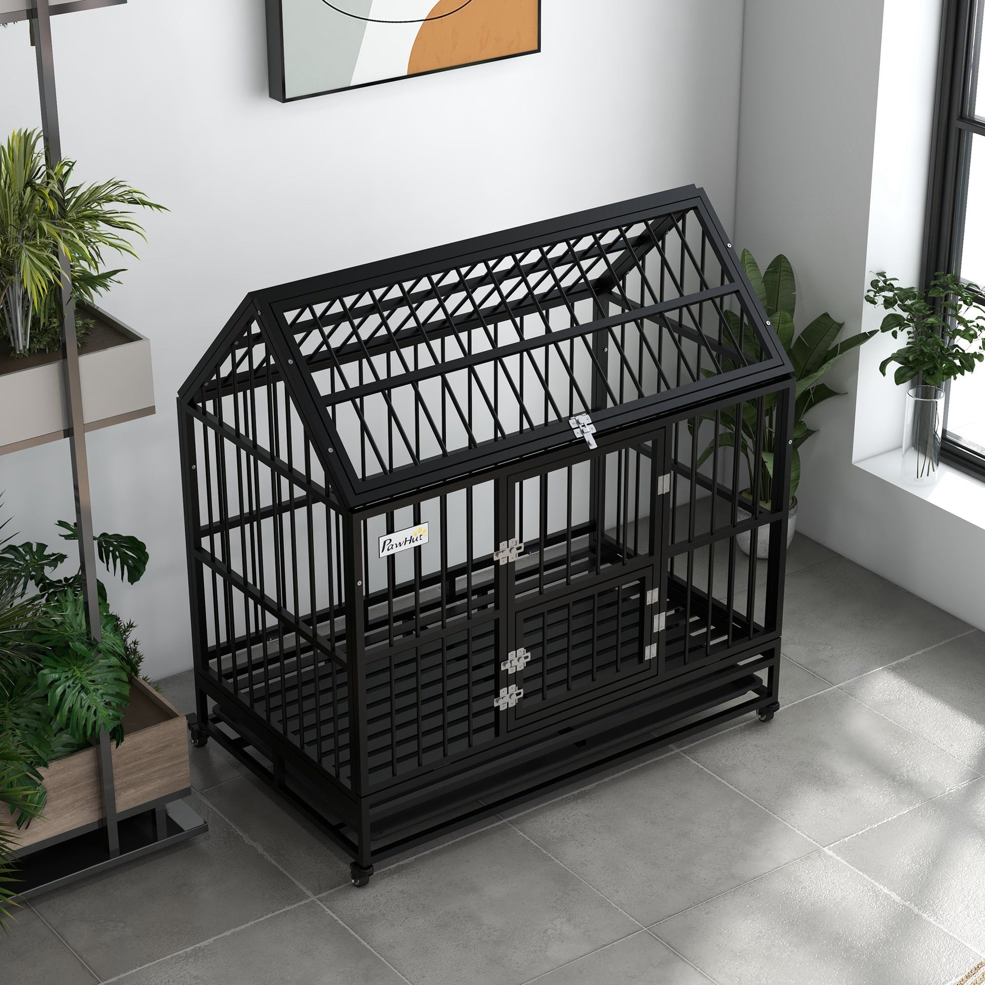 48" Heavy Duty Dog Crate, Indoor Outdoor Dog Cage on Wheels with Locks, Removable Tray, Openable Top, 2 Doors, for Large and Extra Large Dog - Black