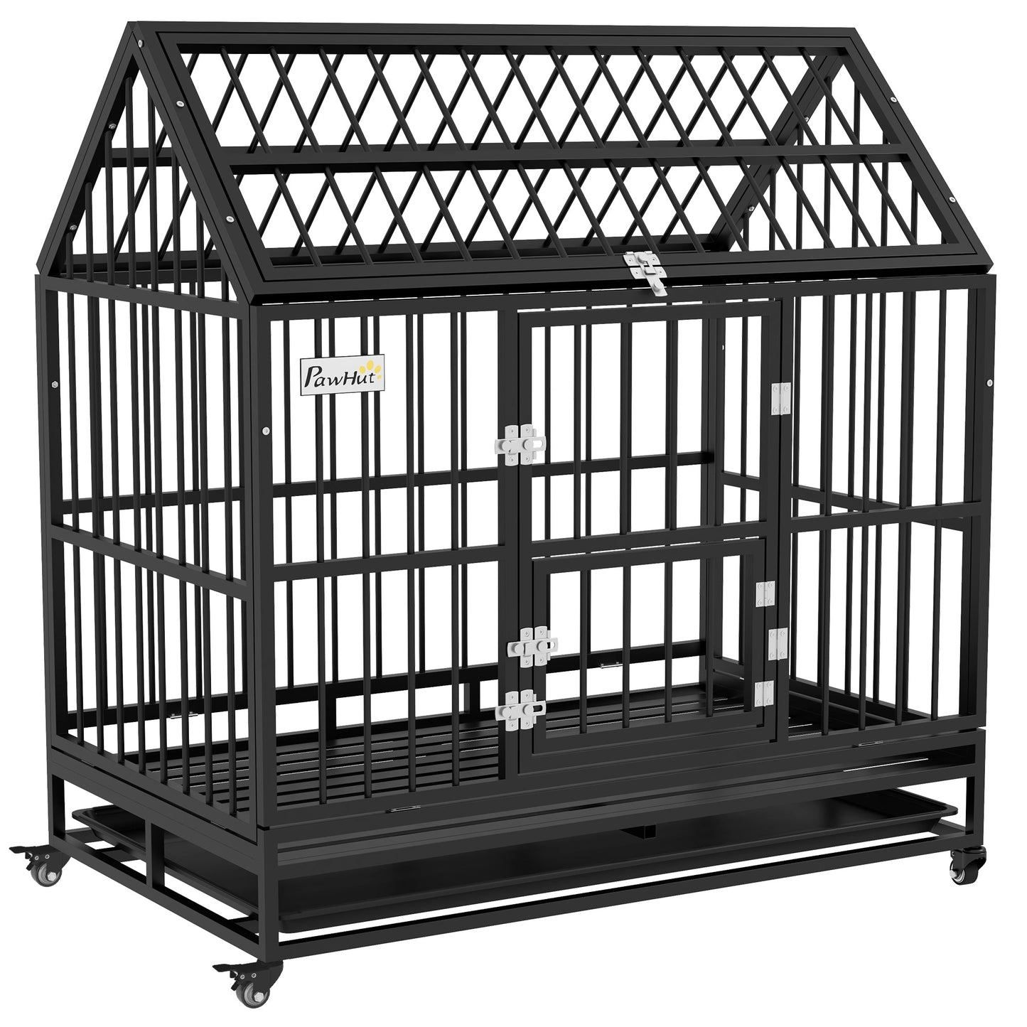 48" Heavy Duty Dog Crate, Indoor Outdoor Dog Cage on Wheels with Locks, Removable Tray, Openable Top, 2 Doors, for Large and Extra Large Dog - Black
