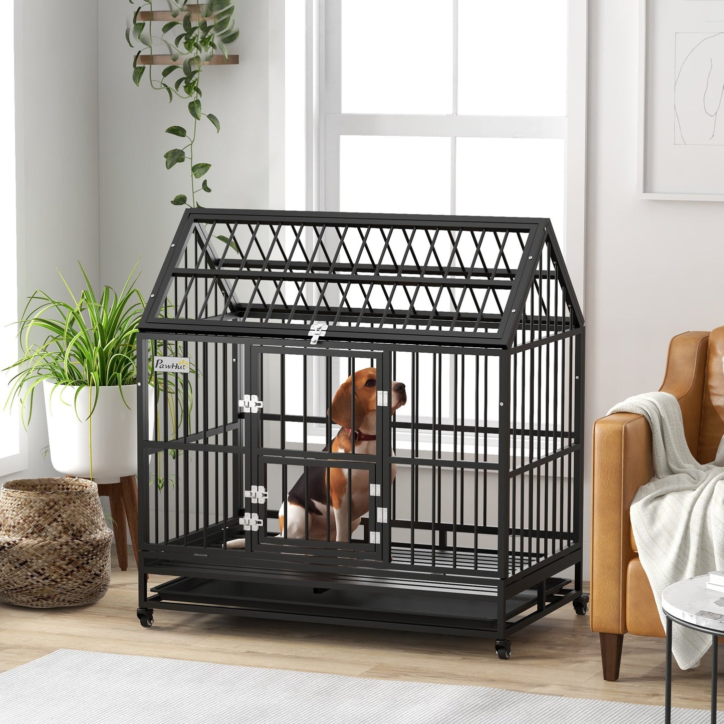 48" Heavy Duty Dog Crate, Indoor Outdoor Dog Cage on Wheels with Locks, Removable Tray, Openable Top, 2 Doors, for Large and Extra Large Dog - Black