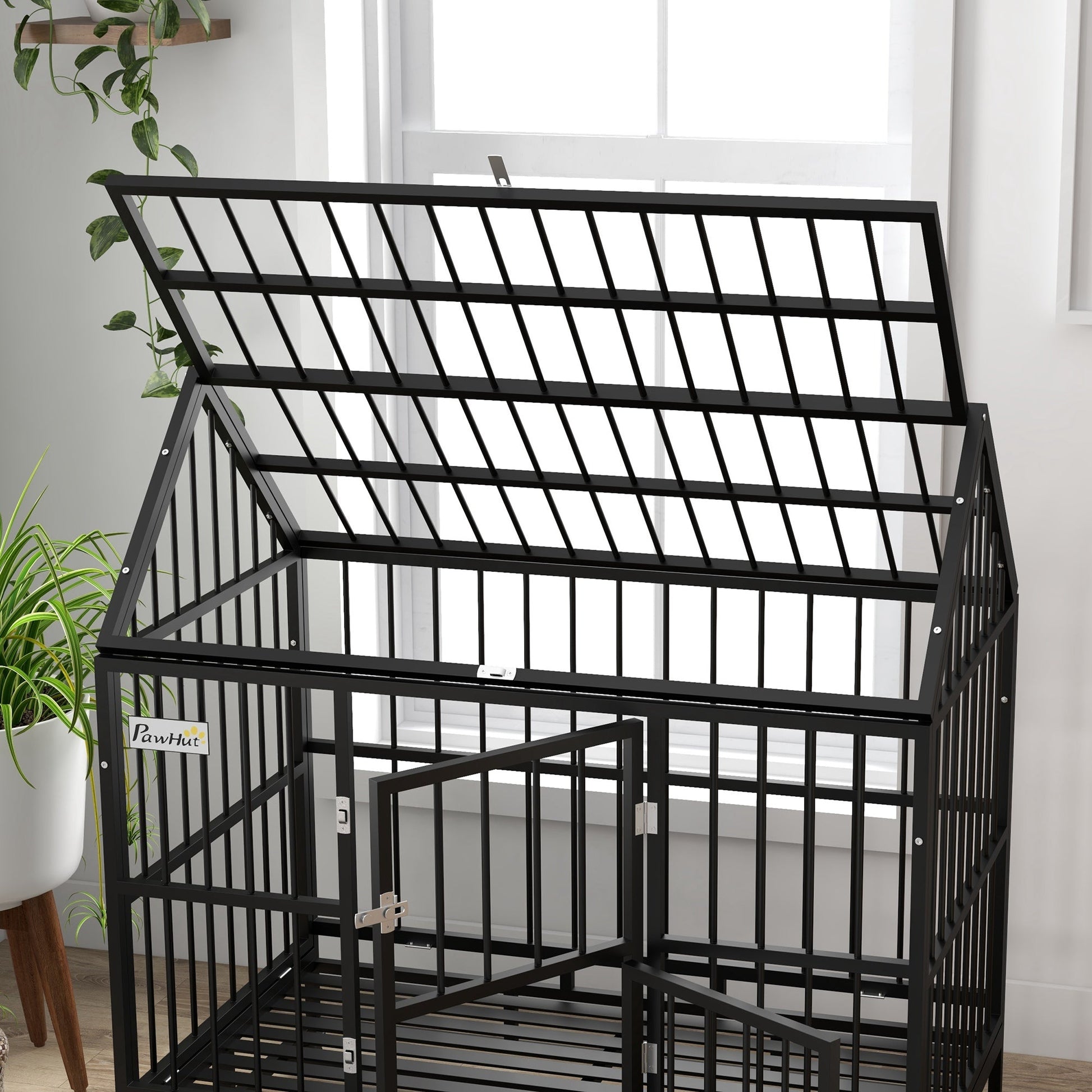 48" Heavy Duty Dog Crate, Indoor Outdoor Dog Cage on Wheels with Locks, Removable Tray, Openable Top, 2 Doors, for Large and Extra Large Dog - Black