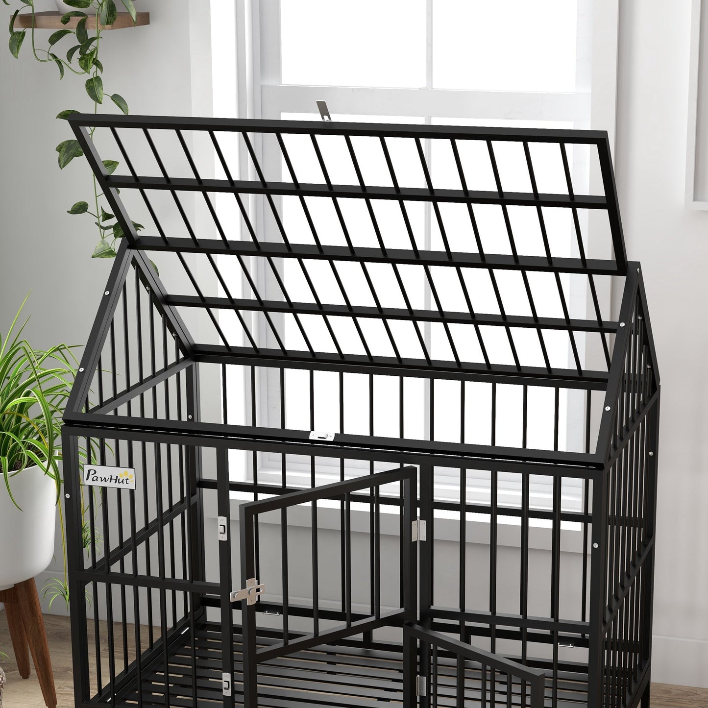 48" Heavy Duty Dog Crate, Indoor Outdoor Dog Cage on Wheels with Locks, Removable Tray, Openable Top, 2 Doors, for Large and Extra Large Dog - Black