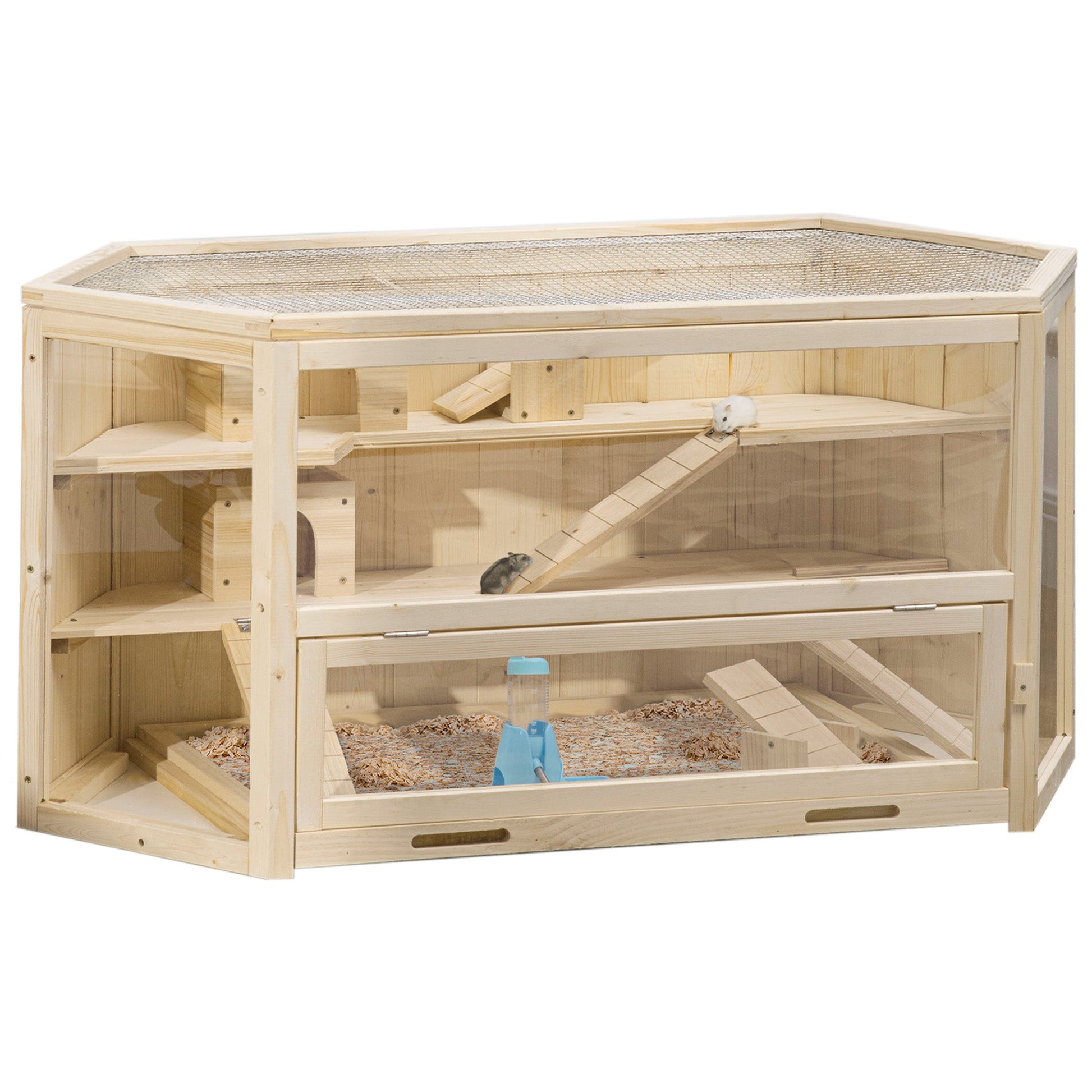 Wooden Large Hamster Cage Small Animal Exercise Play House 3 Tier with Sliding Tray, Seesaws, Water Bottle, Natural