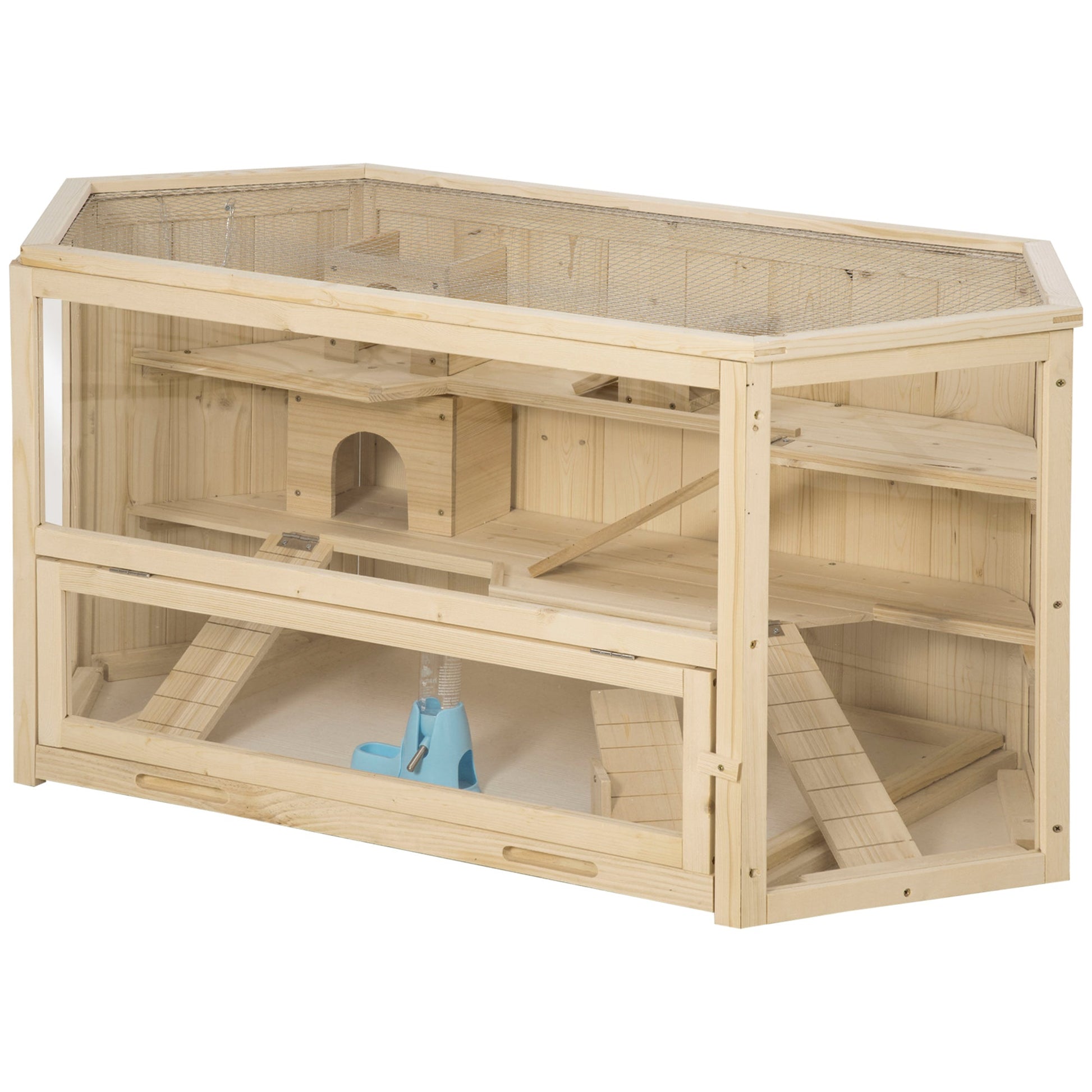 Wooden Large Hamster Cage Small Animal Exercise Play House 3 Tier with Sliding Tray, Seesaws, Water Bottle, Natural