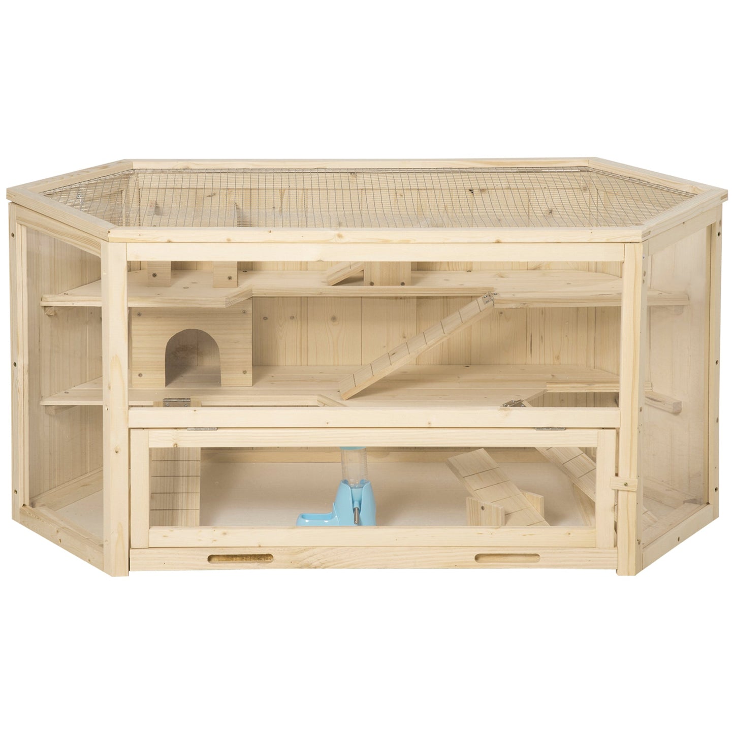 Wooden Large Hamster Cage Small Animal Exercise Play House 3 Tier with Sliding Tray, Seesaws, Water Bottle, Natural