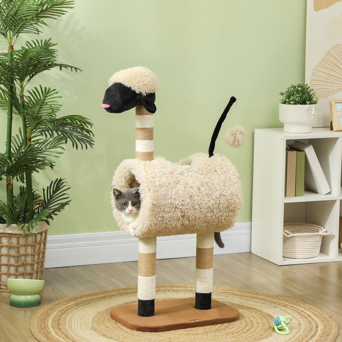 Cat Tree Sheep Design, 98 cm Multi-Level Cat Tower with Scratching Posts, Tunnel & Play Ball for Indoor Kitten Climbing, Playing, Relaxing, Easy Assembly, Light Brown
