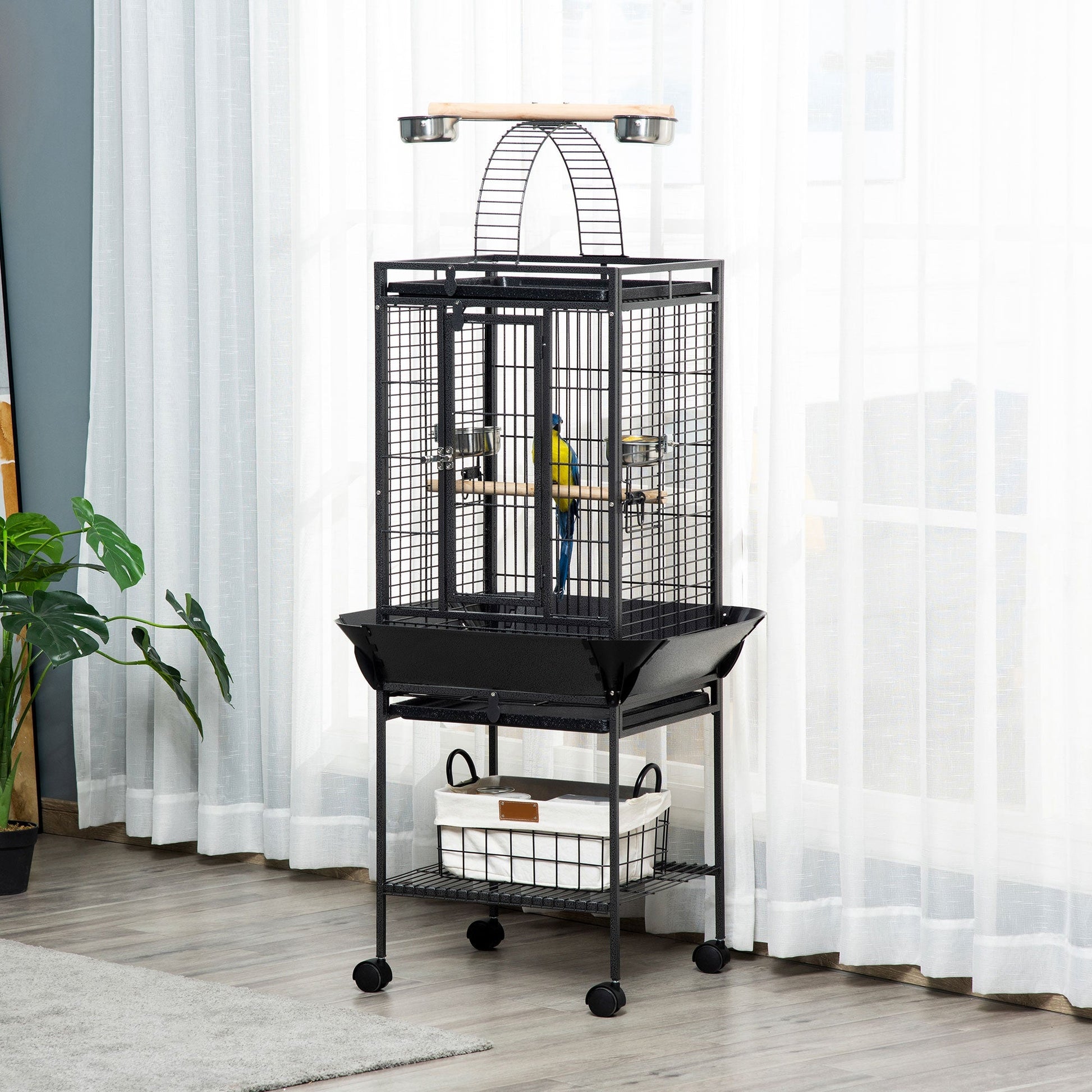156cm Bird Cage,Large Parrot Cage with Open Play Top, Perch, Seed Guard, Wheels, Storage Shelf for Budgie, Cockatiel, Conure, Lovebird, Dark Grey