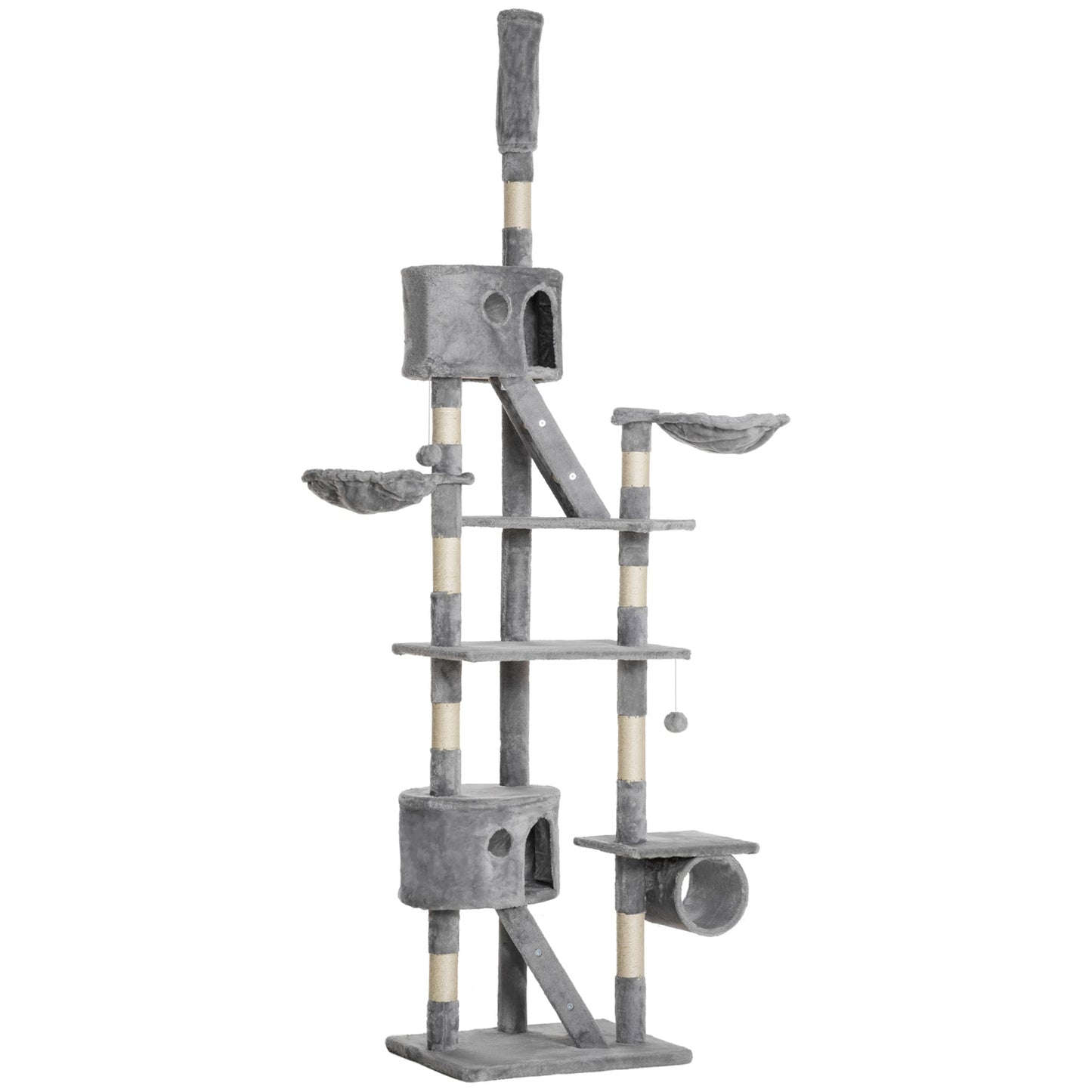 Floor to Ceiling Cat Tree, 240-260cm Adjustable Height Kitten Tower with Scratching Posts, Cat Houses, Ramps, Hammocks, Toy Balls, Tunnel for Indoor Use- Light Grey