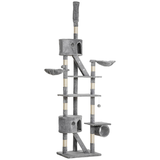 Floor to Ceiling Cat Tree, 240-260cm Adjustable Height Kitten Tower with Scratching Posts, Cat Houses, Ramps, Hammocks, Toy Balls, Tunnel for Indoor Use- Light Grey