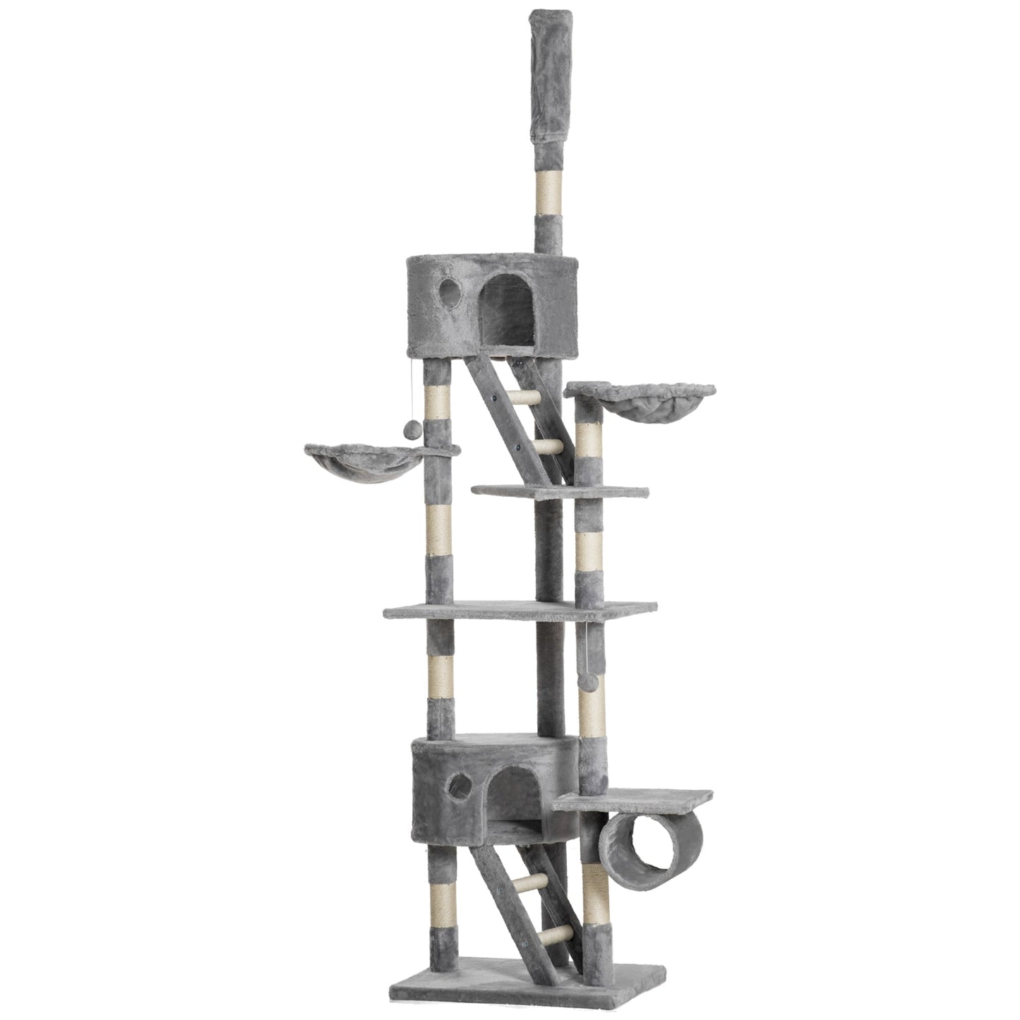 Floor to Ceiling Cat Tree, 240-260cm Adjustable Height Kitten Tower with Scratching Posts, Cat Houses, Ramps, Hammocks, Toy Balls, Tunnel for Indoor Use- Light Grey