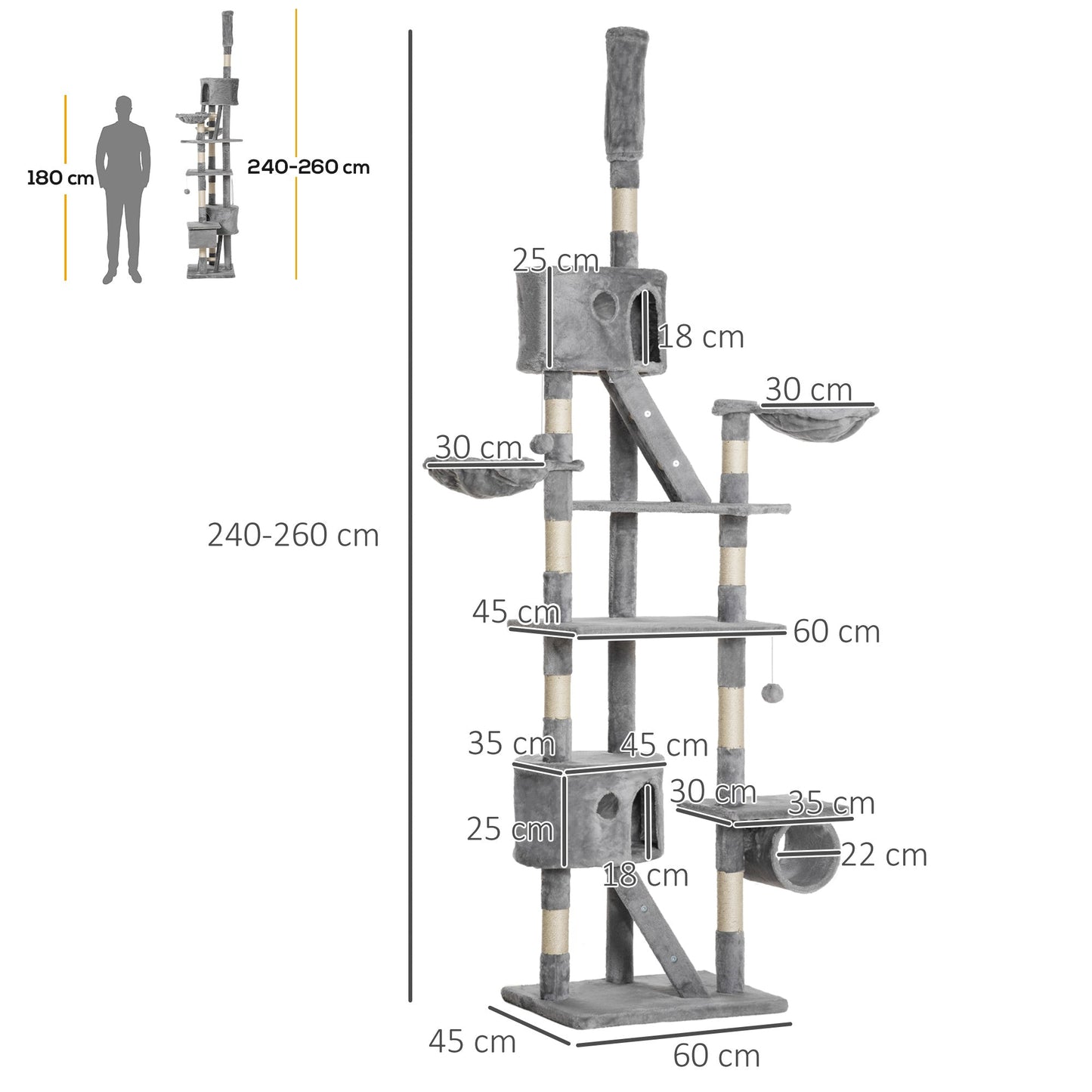 Floor to Ceiling Cat Tree, 240-260cm Adjustable Height Kitten Tower with Scratching Posts, Cat Houses, Ramps, Hammocks, Toy Balls, Tunnel for Indoor Use- Light Grey