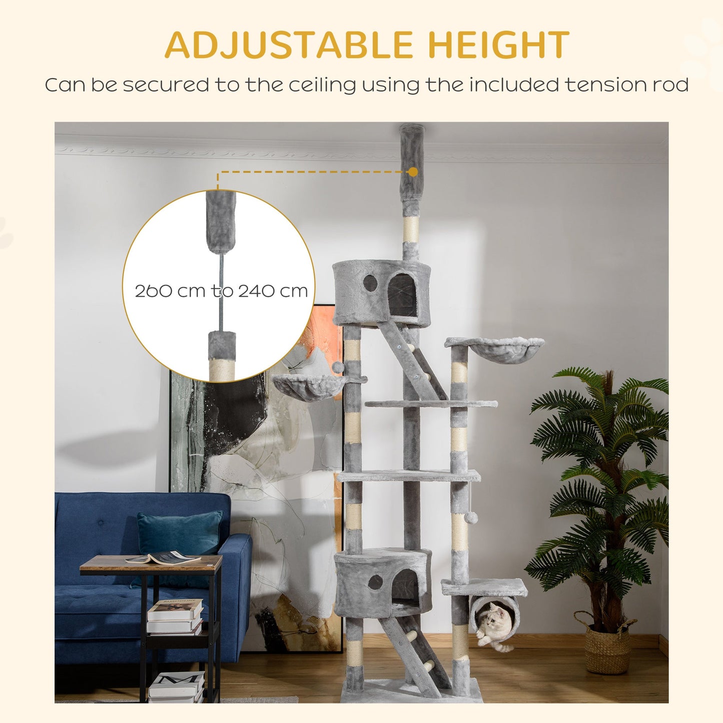 Floor to Ceiling Cat Tree, 240-260cm Adjustable Height Kitten Tower with Scratching Posts, Cat Houses, Ramps, Hammocks, Toy Balls, Tunnel for Indoor Use- Light Grey