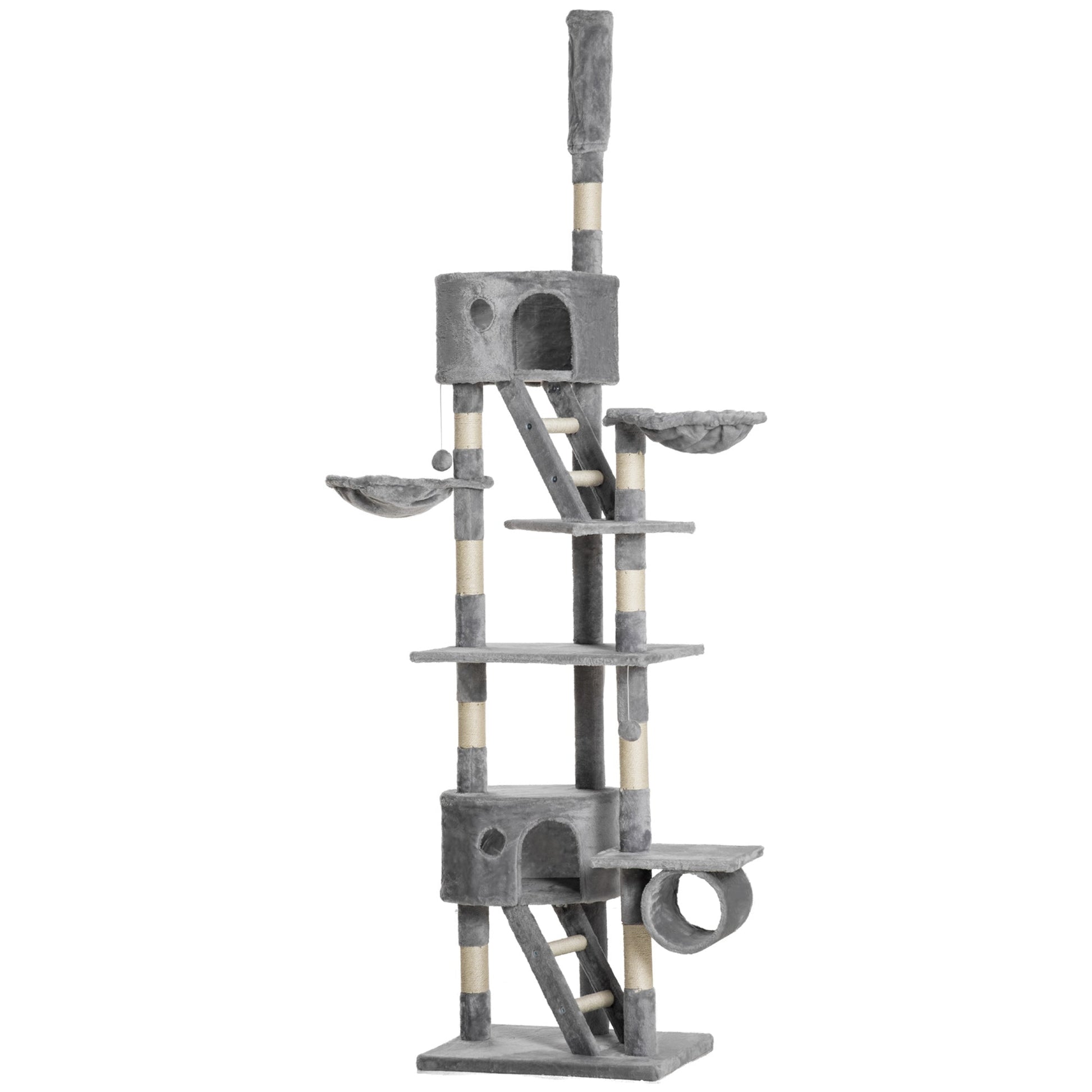 Floor to Ceiling Cat Tree, 240-260cm Adjustable Height Kitten Tower with Scratching Posts, Cat Houses, Ramps, Hammocks, Toy Balls, Tunnel for Indoor Use- Light Grey