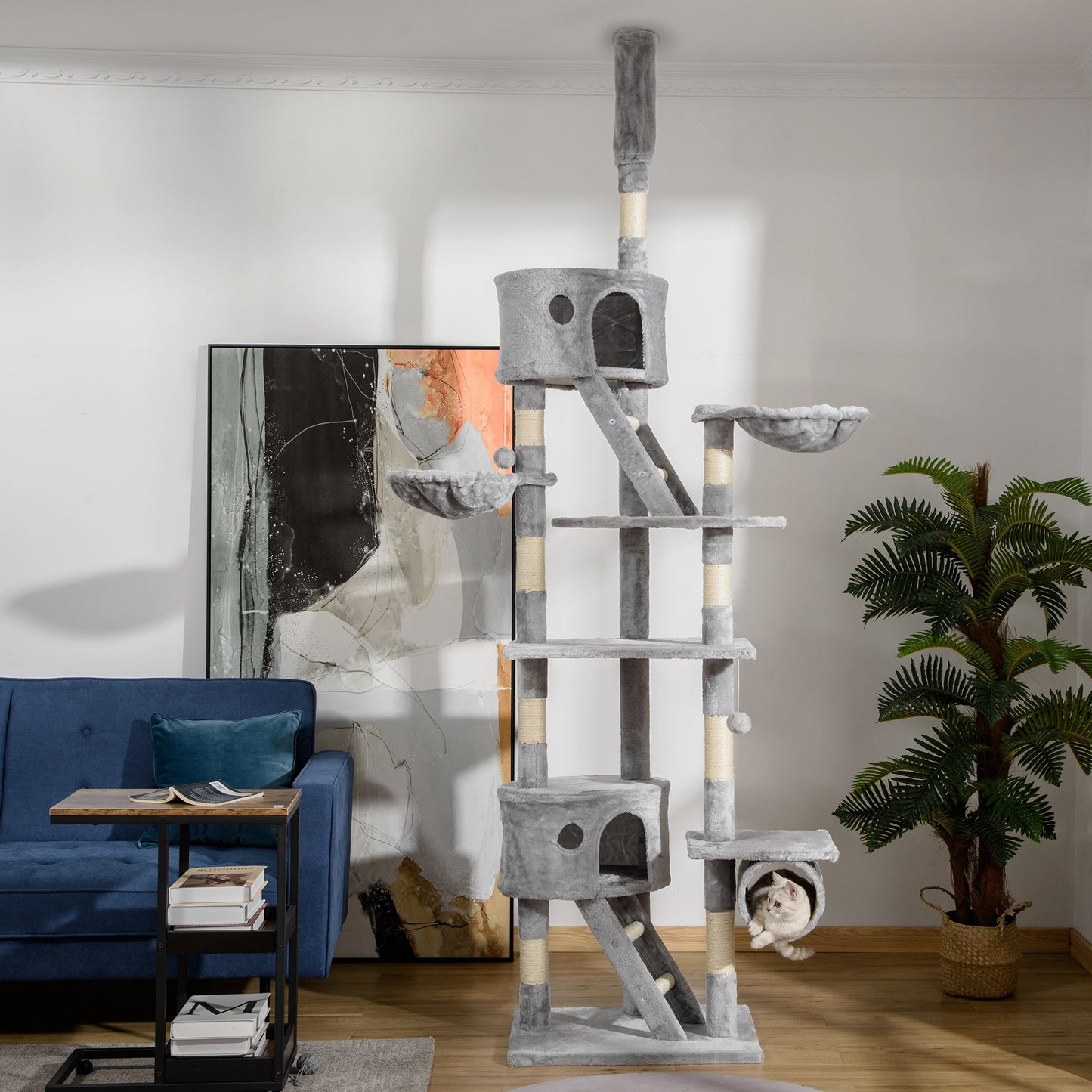 Floor to Ceiling Cat Tree, 240-260cm Adjustable Height Kitten Tower with Scratching Posts, Cat Houses, Ramps, Hammocks, Toy Balls, Tunnel for Indoor Use- Light Grey