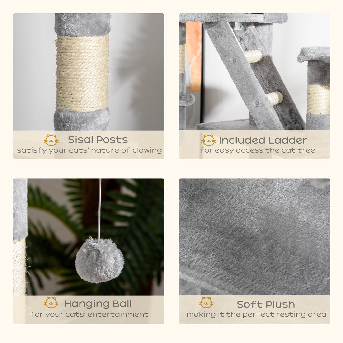 Floor to Ceiling Cat Tree, 240-260cm Adjustable Height Kitten Tower with Scratching Posts, Cat Houses, Ramps, Hammocks, Toy Balls, Tunnel for Indoor Use- Light Grey