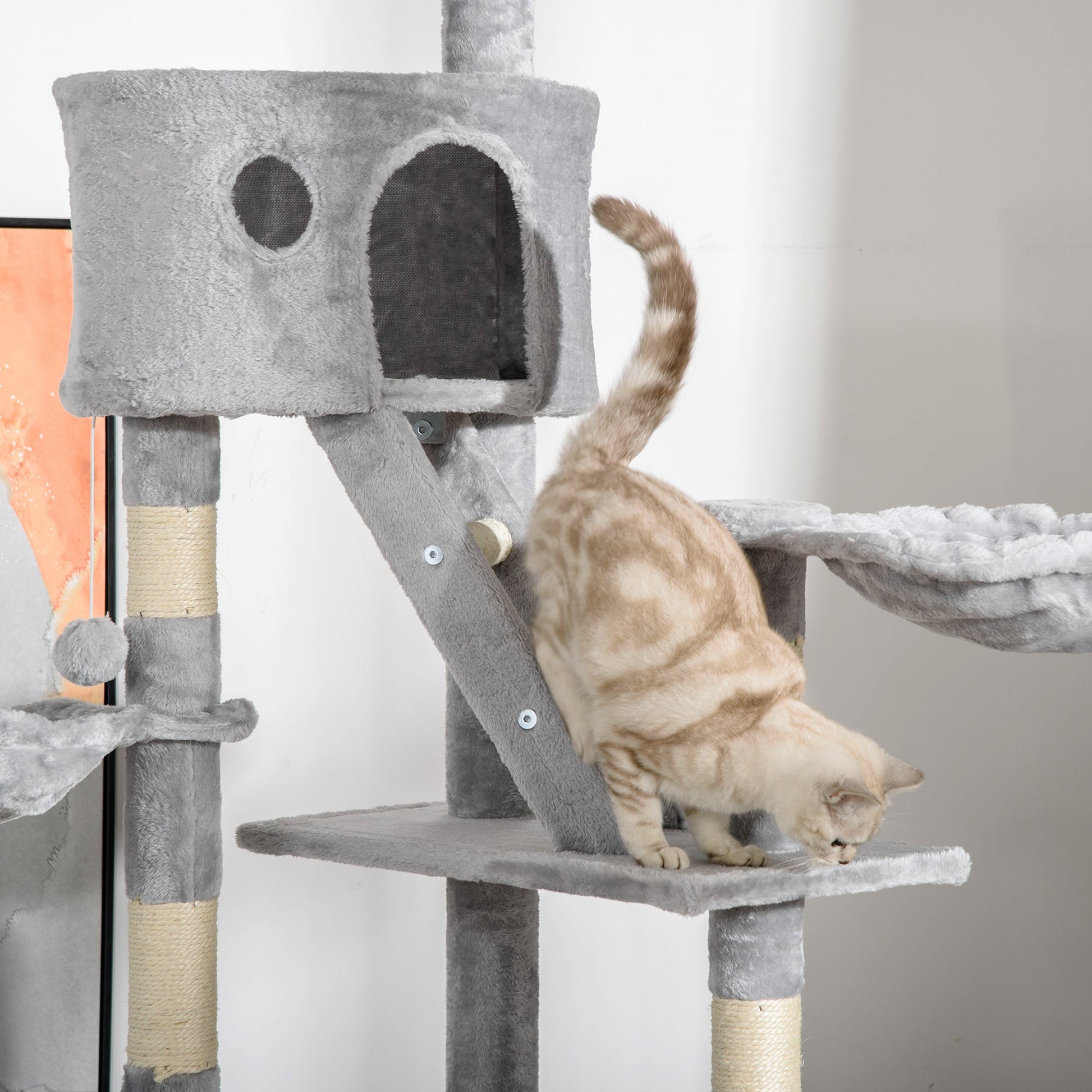 Floor to Ceiling Cat Tree, 240-260cm Adjustable Height Kitten Tower with Scratching Posts, Cat Houses, Ramps, Hammocks, Toy Balls, Tunnel for Indoor Use- Light Grey