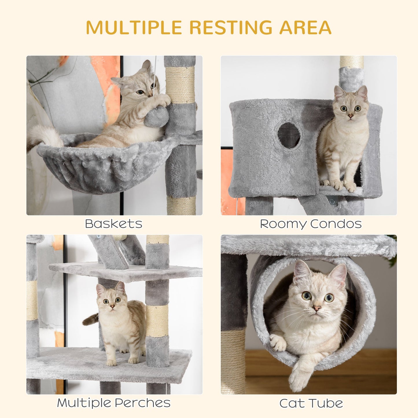 Floor to Ceiling Cat Tree, 240-260cm Adjustable Height Kitten Tower with Scratching Posts, Cat Houses, Ramps, Hammocks, Toy Balls, Tunnel for Indoor Use- Light Grey
