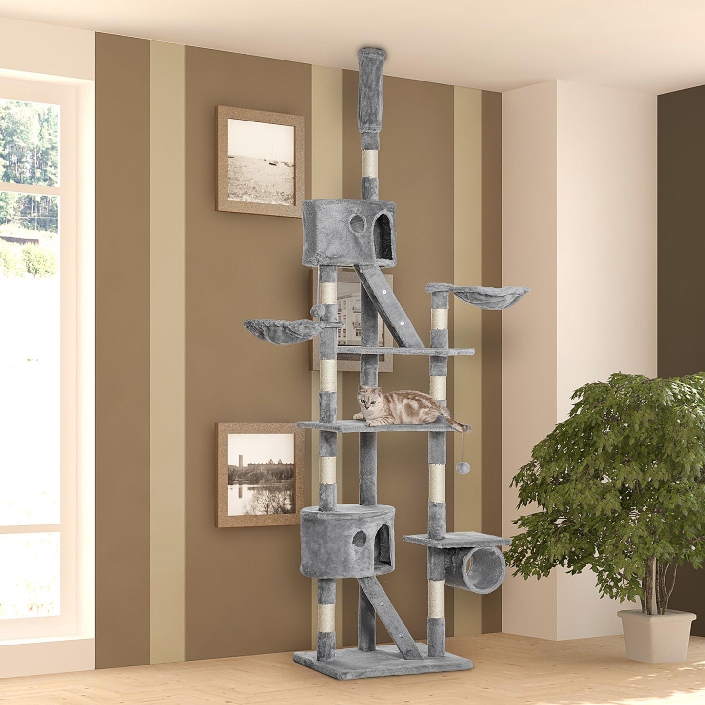 Floor to Ceiling Cat Tree, 240-260cm Adjustable Height Kitten Tower with Scratching Posts, Cat Houses, Ramps, Hammocks, Toy Balls, Tunnel for Indoor Use- Light Grey