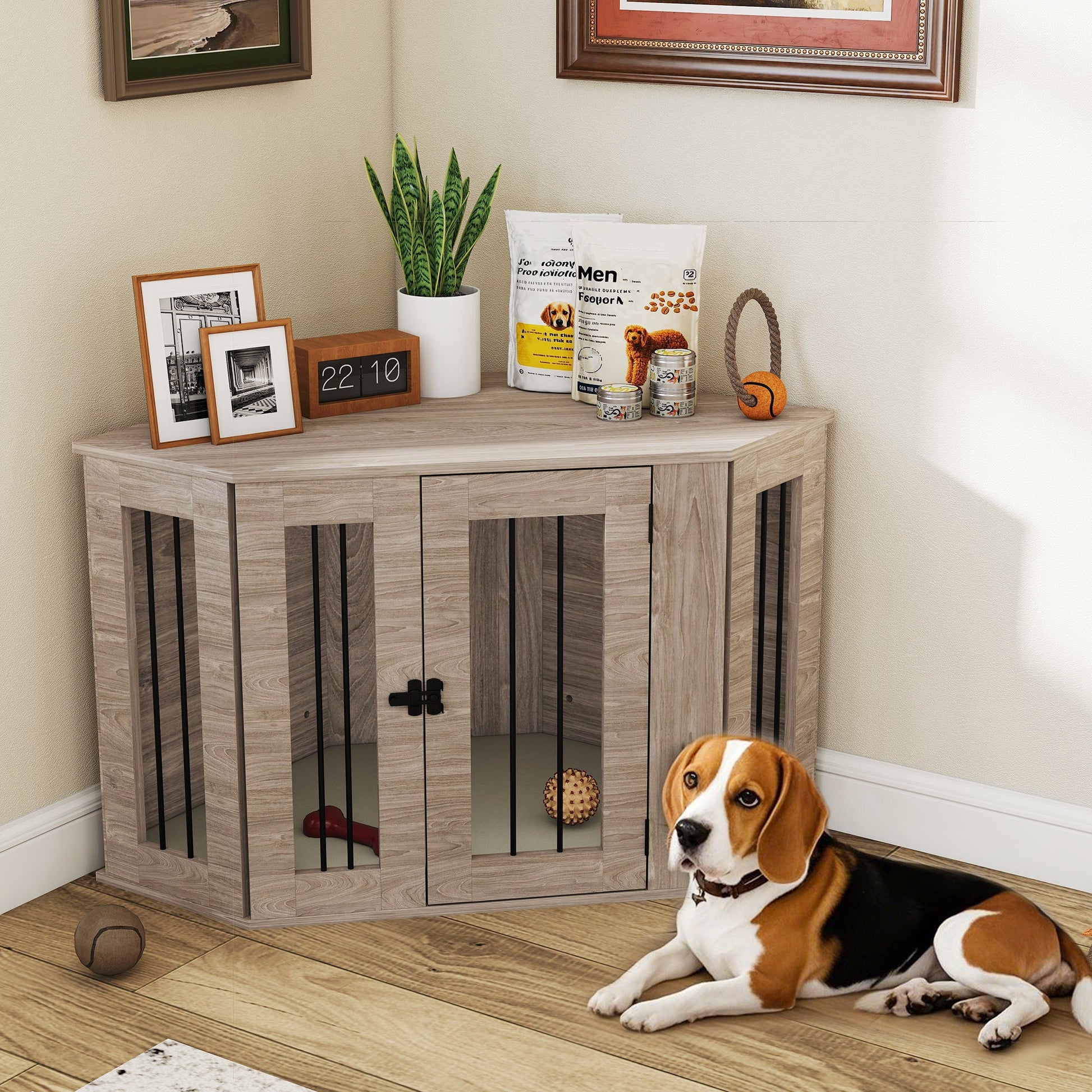 2 in 1 Dog Crate Furniture, Side Table Dog Kennel with Cushion, Large Door, for Medium Dogs - Walnut Brown