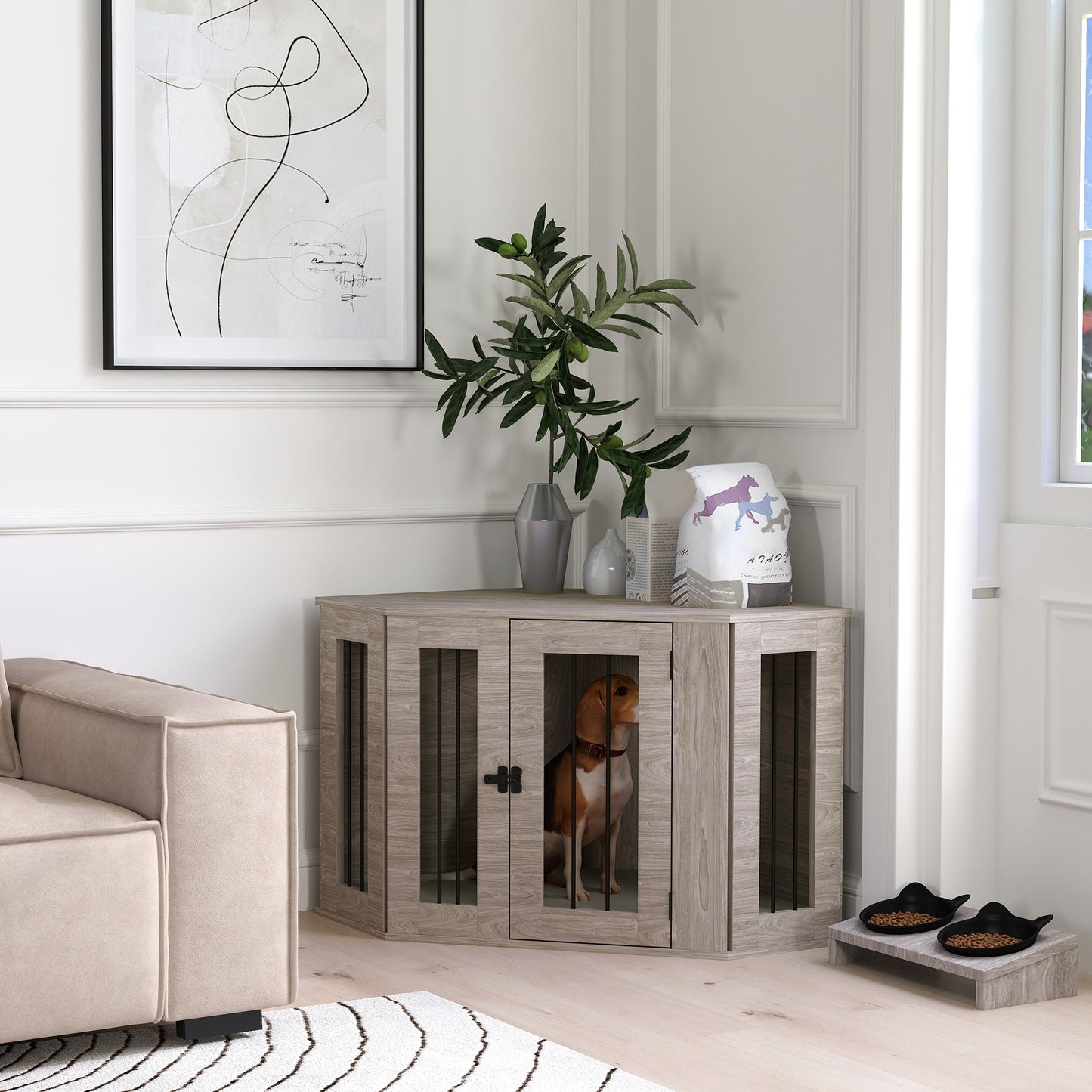 2 in 1 Dog Crate Furniture, Side Table Dog Kennel with Cushion, Large Door, for Medium Dogs - Walnut Brown