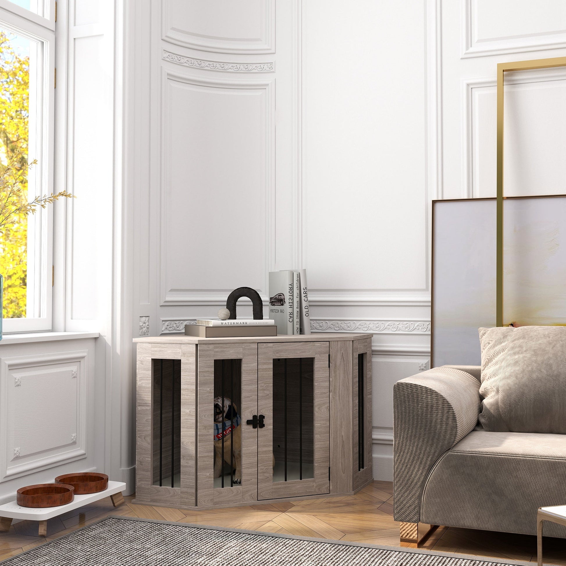 2 in 1 Dog Crate Furniture, Side Table Dog Kennel with Cushion, Large Door, for Medium Dogs - Walnut Brown