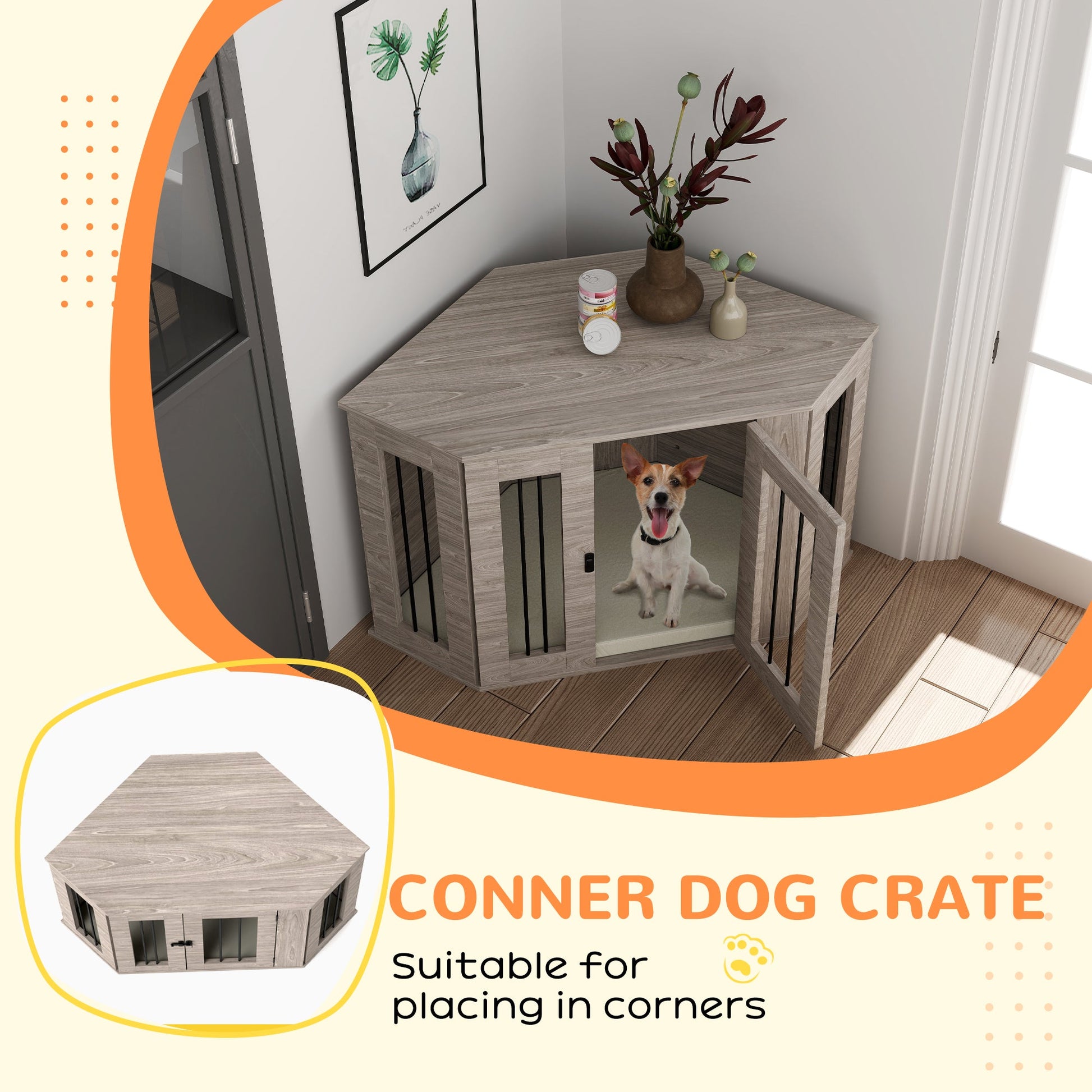2 in 1 Dog Crate Furniture, Side Table Dog Kennel with Cushion, Large Door, for Medium Dogs - Walnut Brown