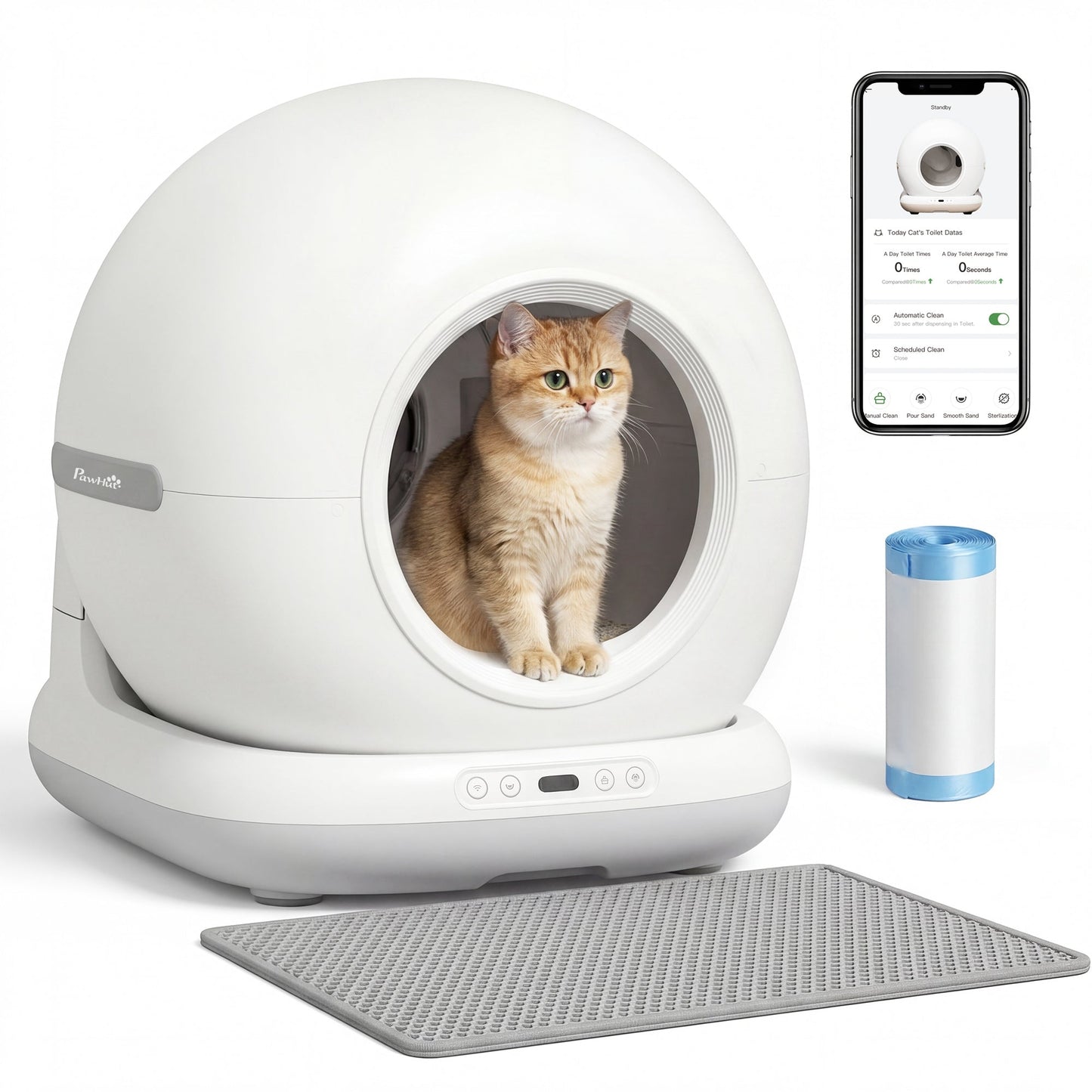 Self Cleaning Cat Litter Tray, App Control, 72L Extra Large Automatic Cat Litter Box for Multiple Cats, Anti-Pinch, Odor & Noise Control, Deodorant Gel, Litter Mat, 1 Roll Rubbish Bag