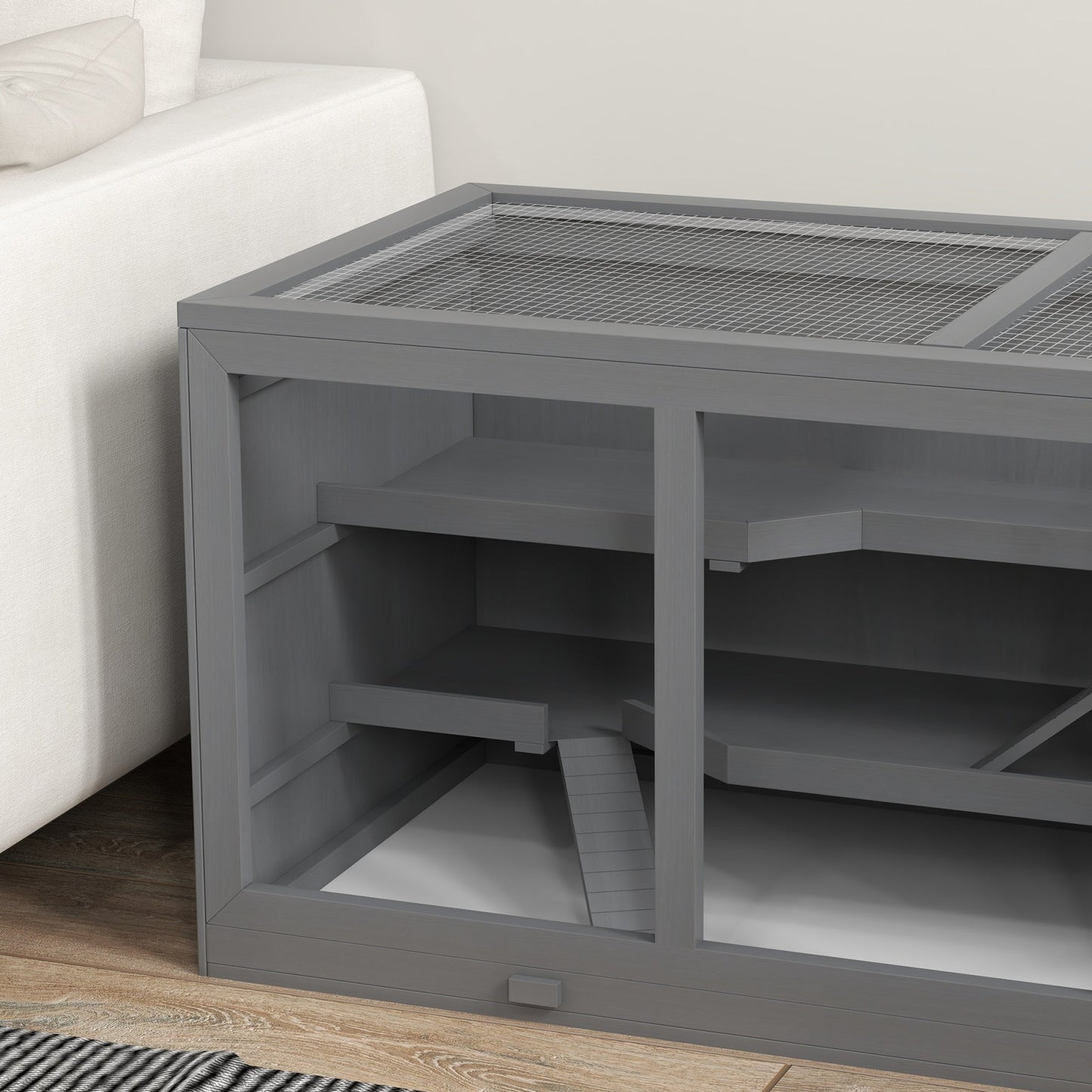 Wooden Hamster Cage, Small Animals Hutch with Tray, Openable Top, Exercise Run, Grey