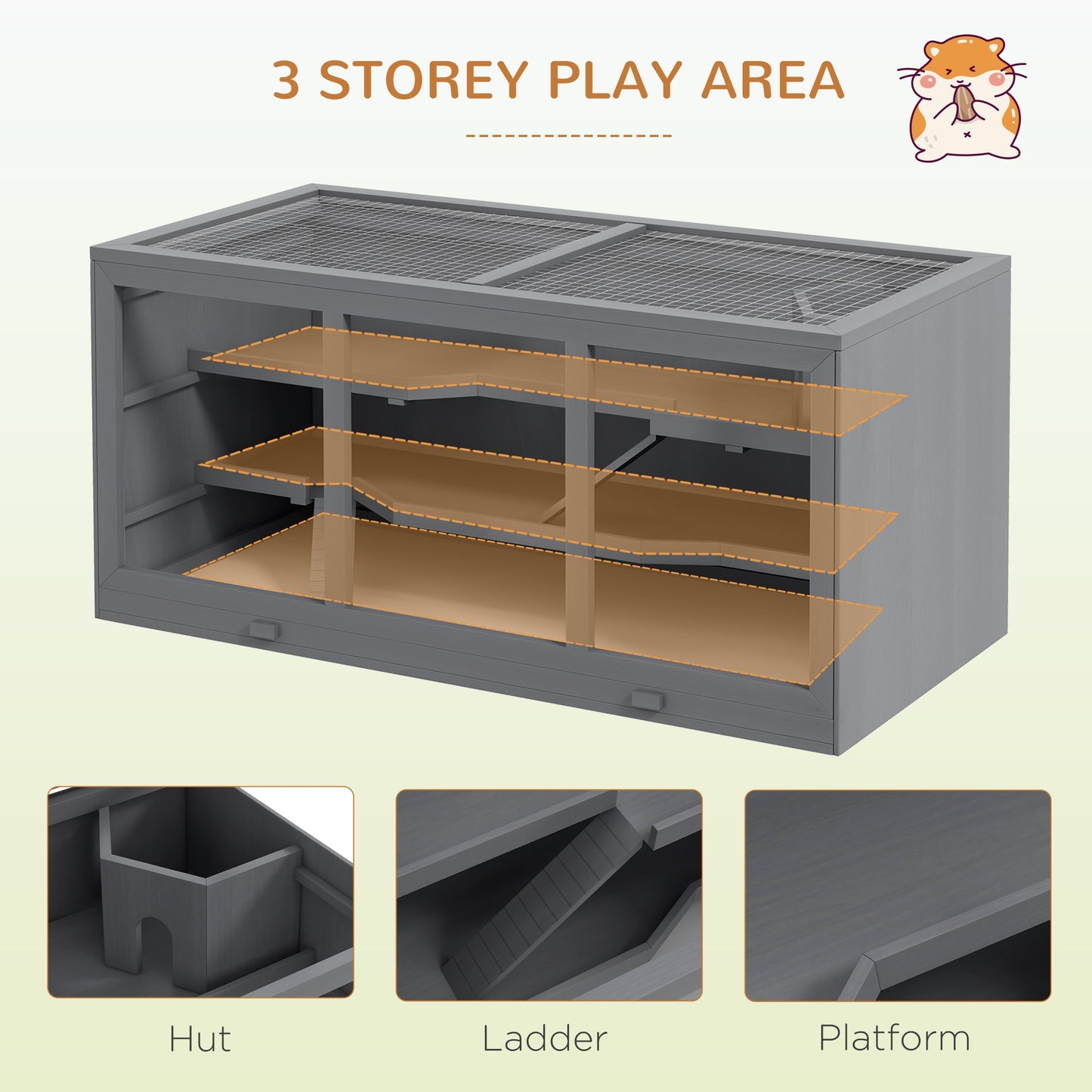 Wooden Hamster Cage, Small Animals Hutch with Tray, Openable Top, Exercise Run, Grey
