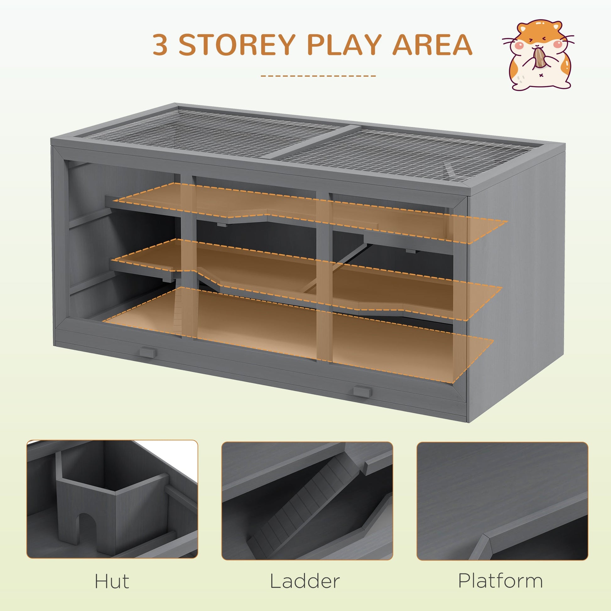 Wooden Hamster Cage, Small Animals Hutch with Tray, Openable Top, Exercise Run, Grey