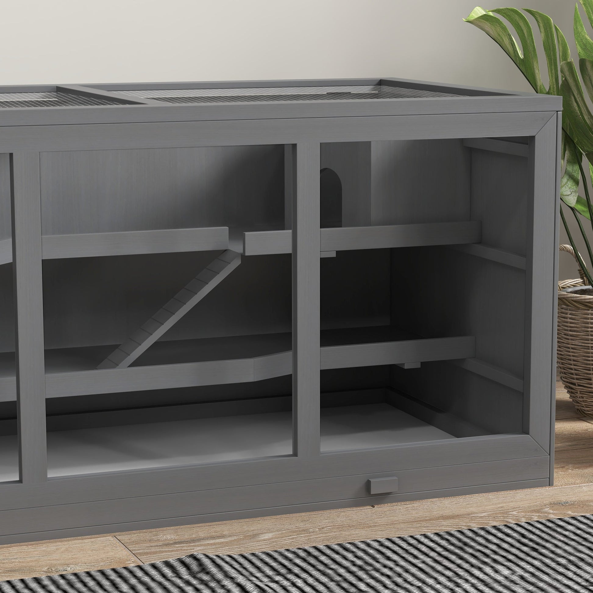 Wooden Hamster Cage, Small Animals Hutch with Tray, Openable Top, Exercise Run, Grey