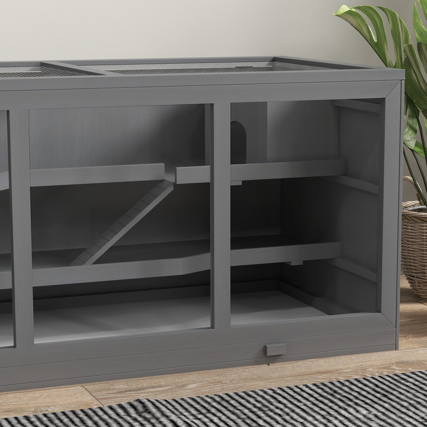 Wooden Hamster Cage, Small Animals Hutch with Tray, Openable Top, Exercise Run, Grey