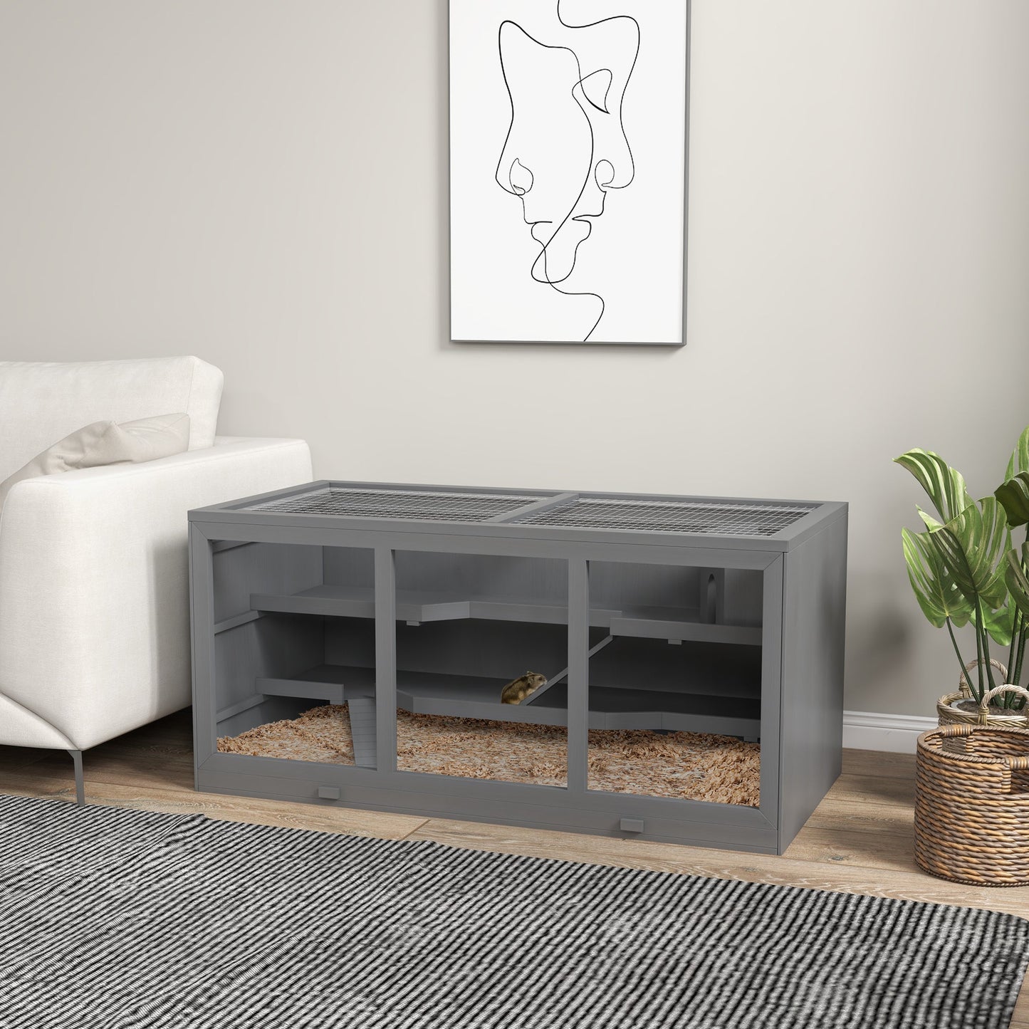 Wooden Hamster Cage, Small Animals Hutch with Tray, Openable Top, Exercise Run, Grey