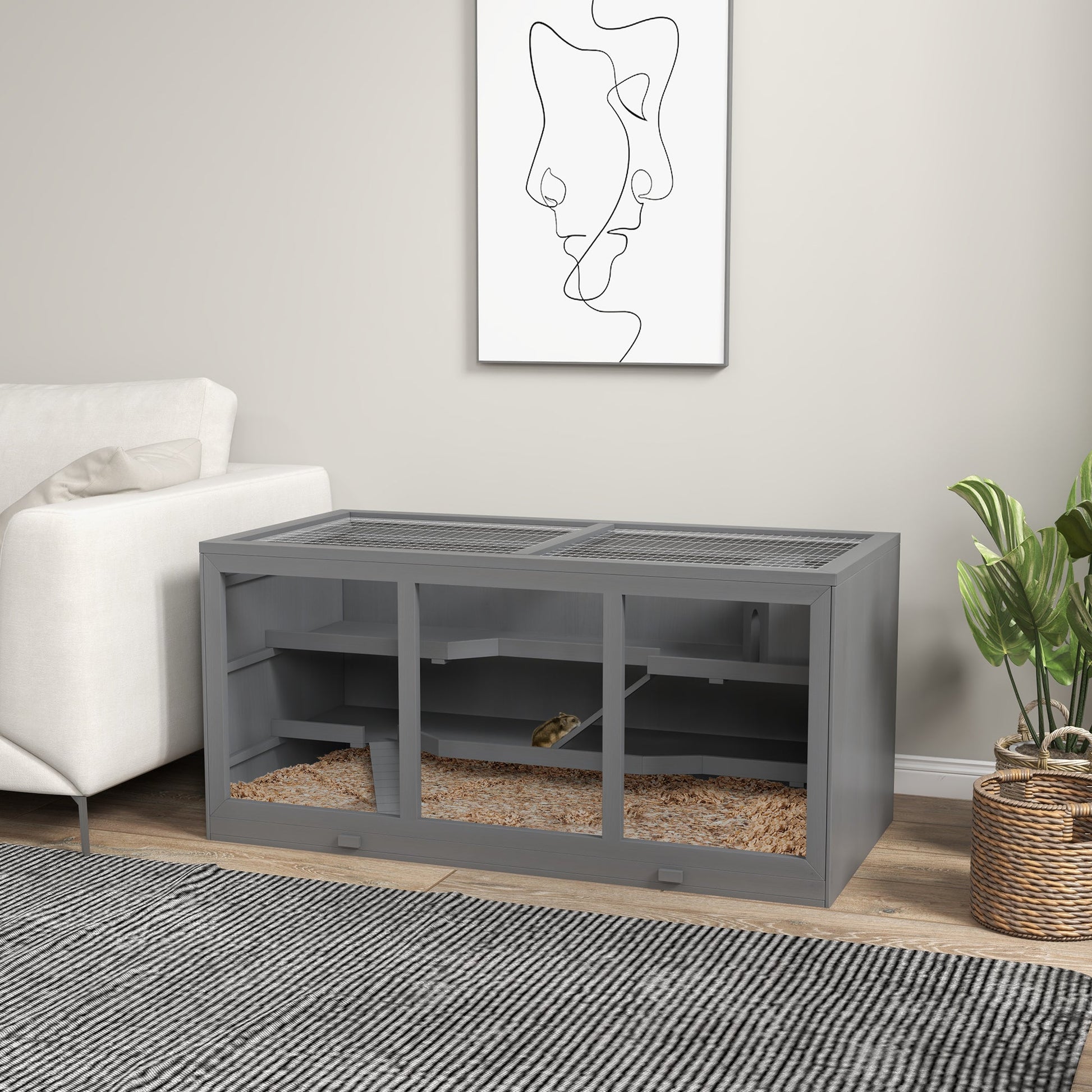 Wooden Hamster Cage, Small Animals Hutch with Tray, Openable Top, Exercise Run, Grey