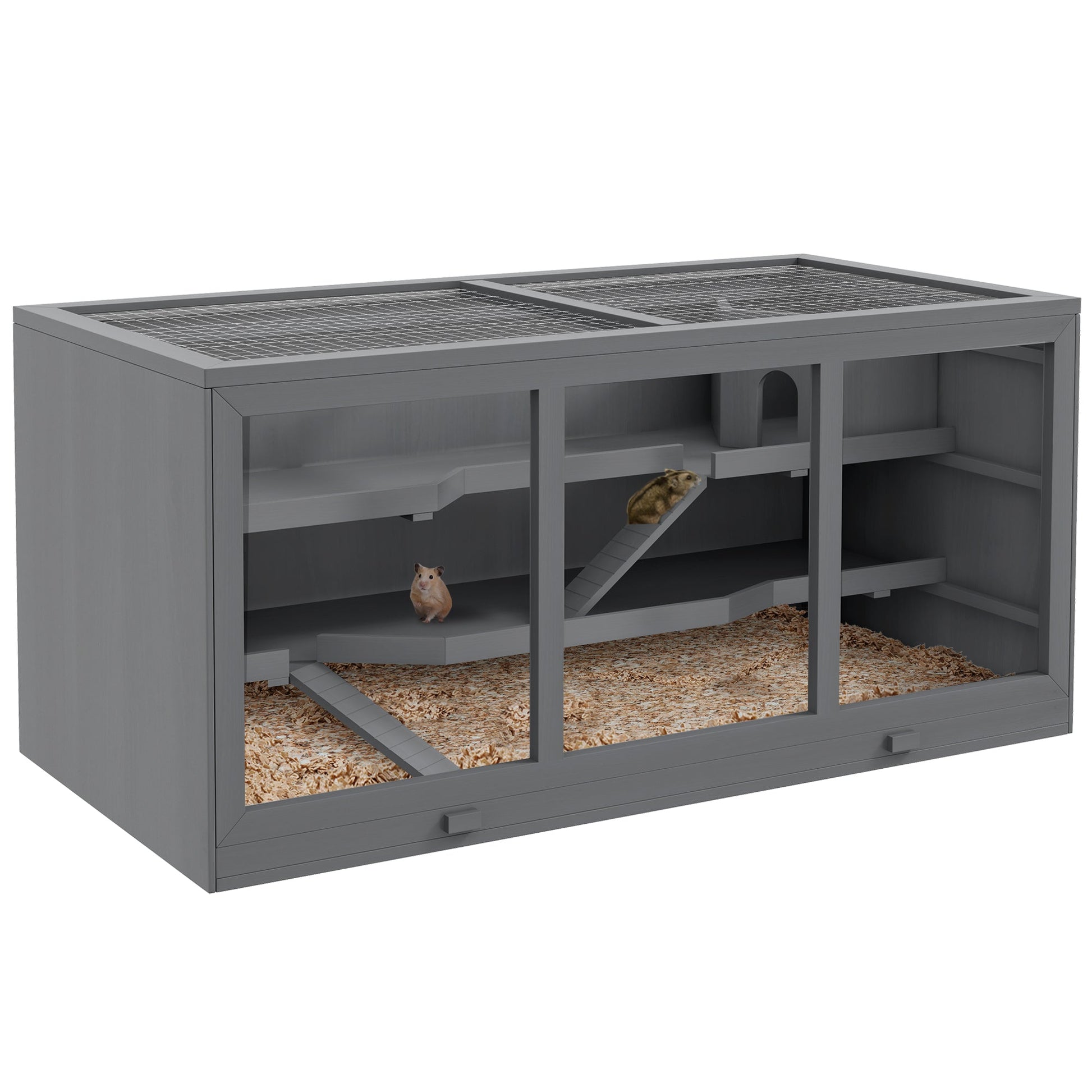 Wooden Hamster Cage, Small Animals Hutch with Tray, Openable Top, Exercise Run, Grey
