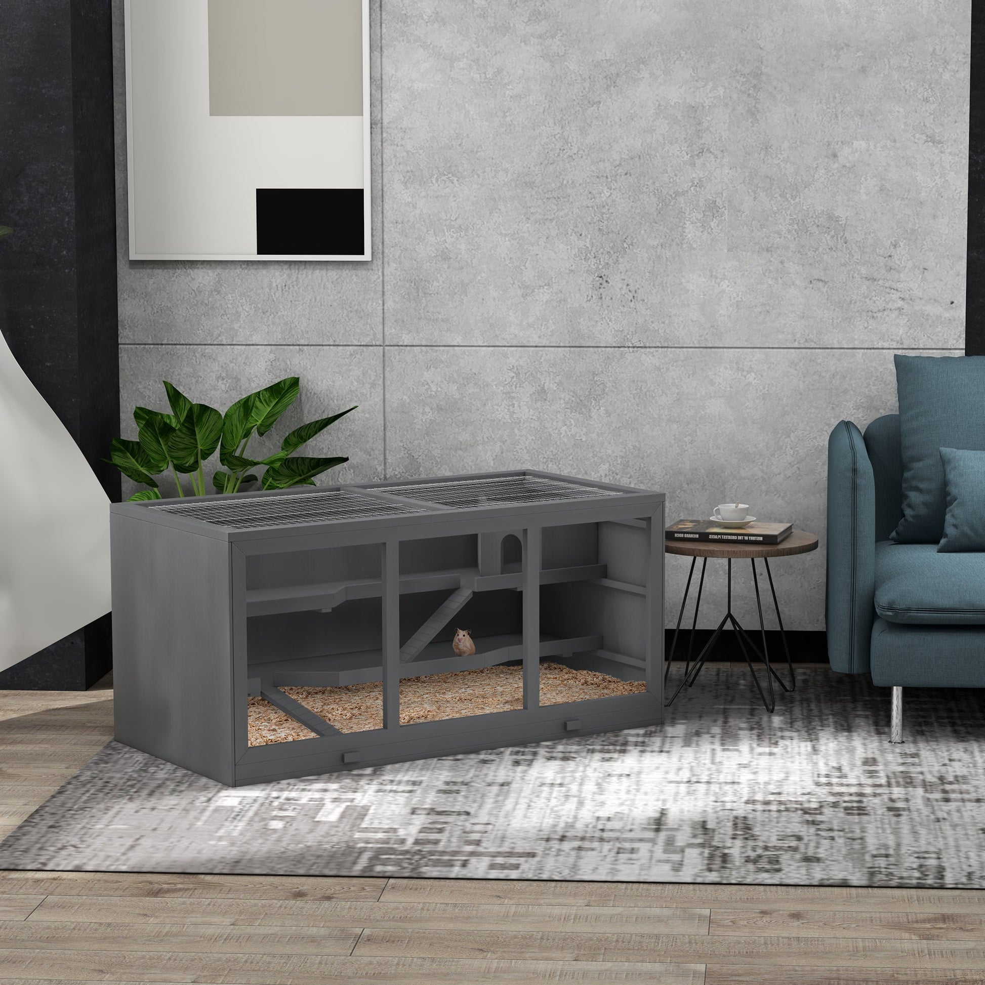 Wooden Hamster Cage, Small Animals Hutch with Tray, Openable Top, Exercise Run, Grey