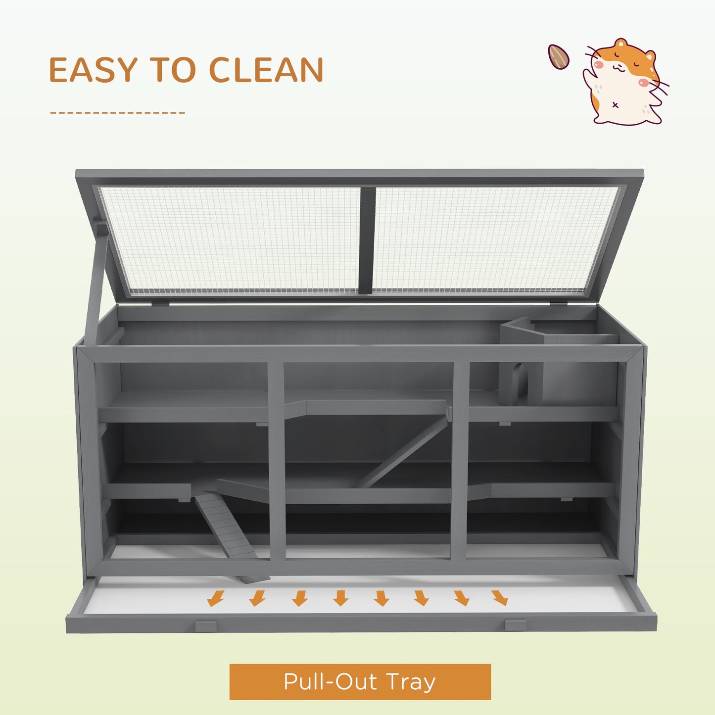 Wooden Hamster Cage, Small Animals Hutch with Tray, Openable Top, Exercise Run, Grey