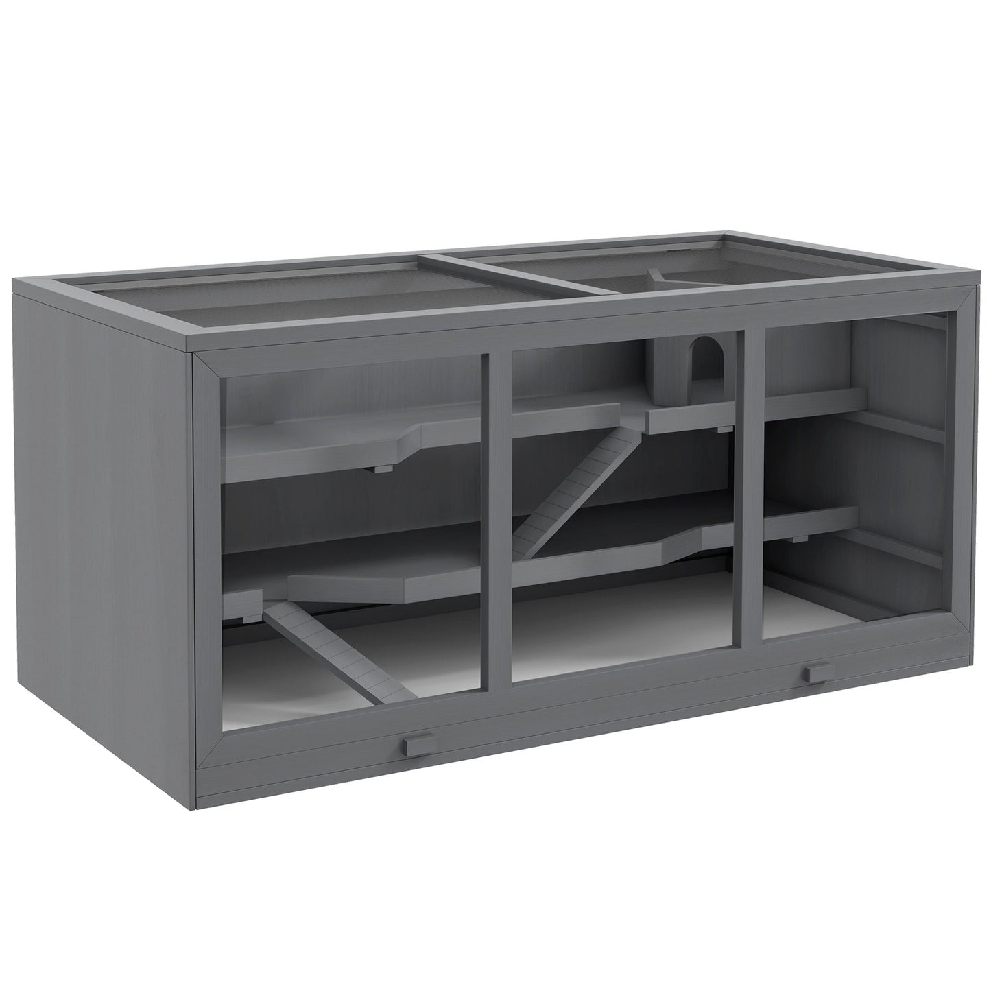 Wooden Hamster Cage, Small Animals Hutch with Tray, Openable Top, Exercise Run, Grey