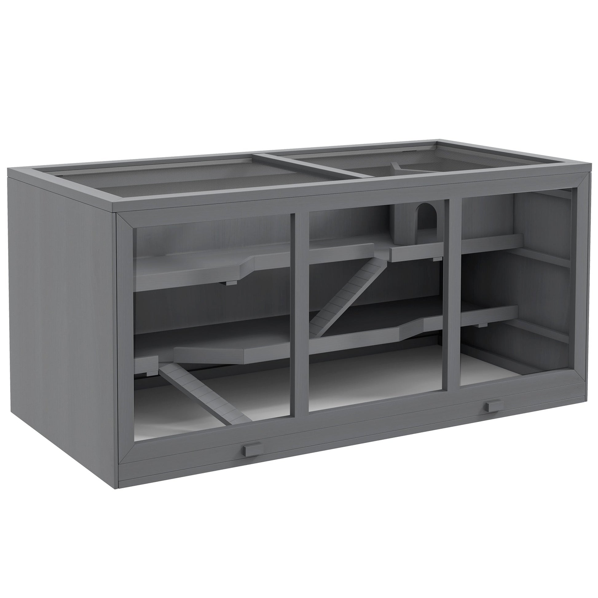 Wooden Hamster Cage, Small Animals Hutch with Tray, Openable Top, Exercise Run, Grey