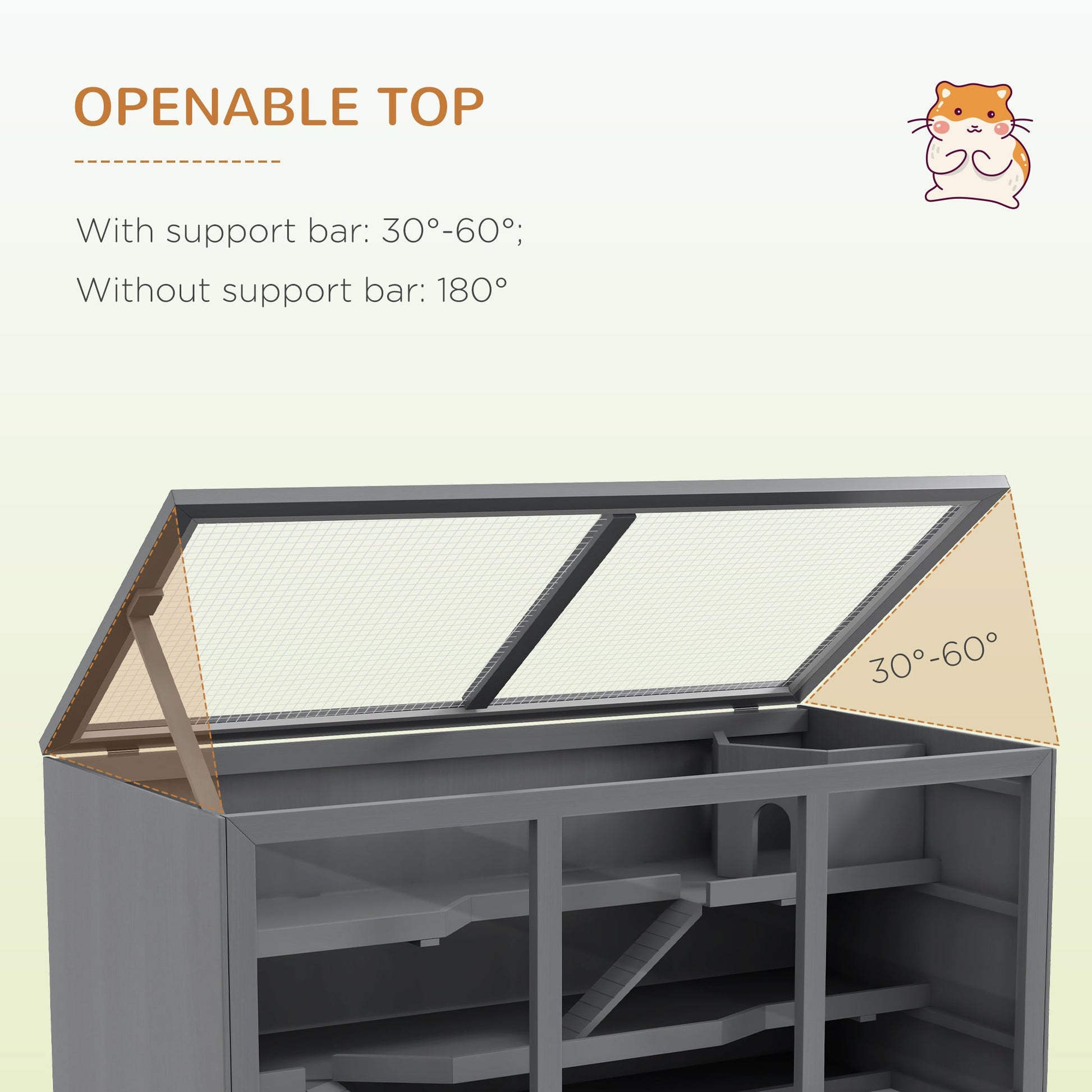 Wooden Hamster Cage, Small Animals Hutch with Tray, Openable Top, Exercise Run, Grey