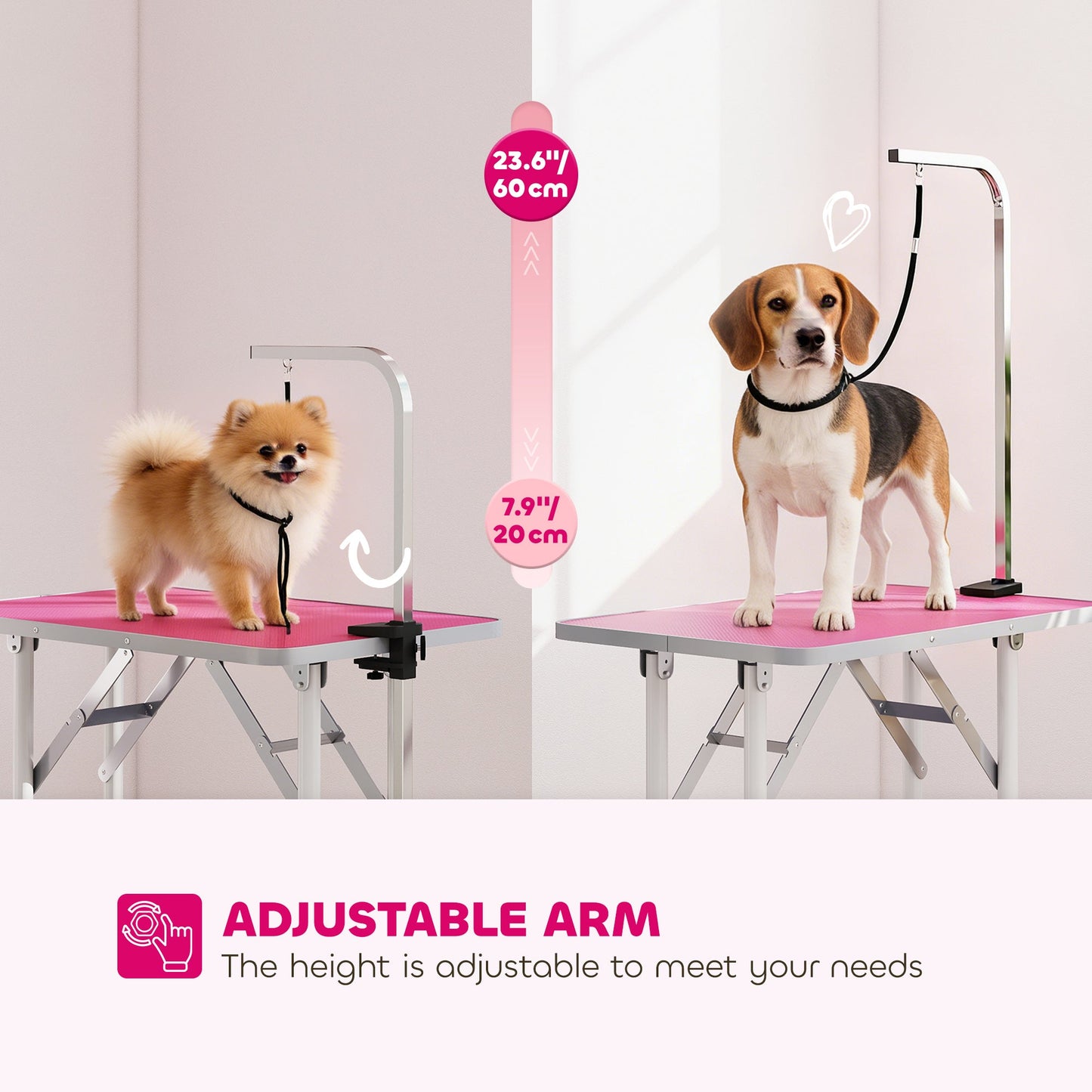 Foldable Dog Grooming Table, 32" Portable Pet Grooming Table with Height Adjustable Arm and Anti-Slip Rubber Top for Small Medium Dogs and Cats, Pink