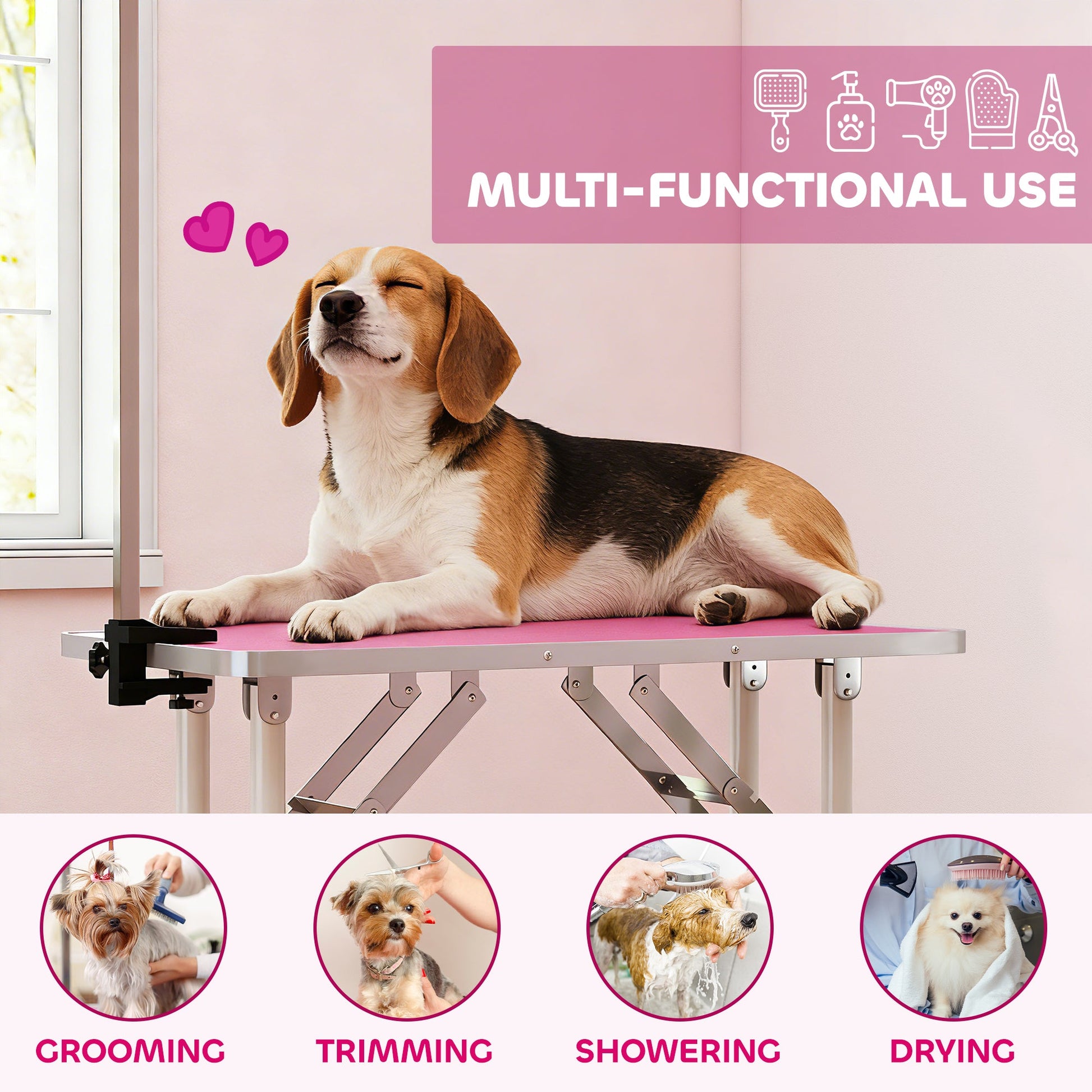 Foldable Dog Grooming Table, 32" Portable Pet Grooming Table with Height Adjustable Arm and Anti-Slip Rubber Top for Small Medium Dogs and Cats, Pink