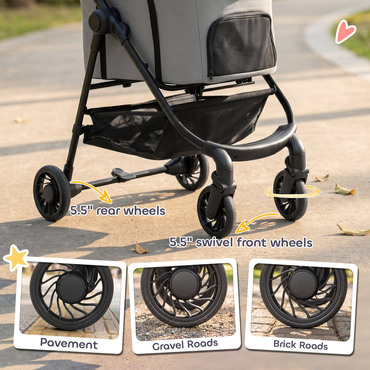 Dog Stroller, 3 in 1 Foldable Pet Stroller for Small Puppy Cat with Detachable Travel Carrier, 4 Wheels Dog Pram with Storage Basket, Seat Leashes, Mesh Window, Grey