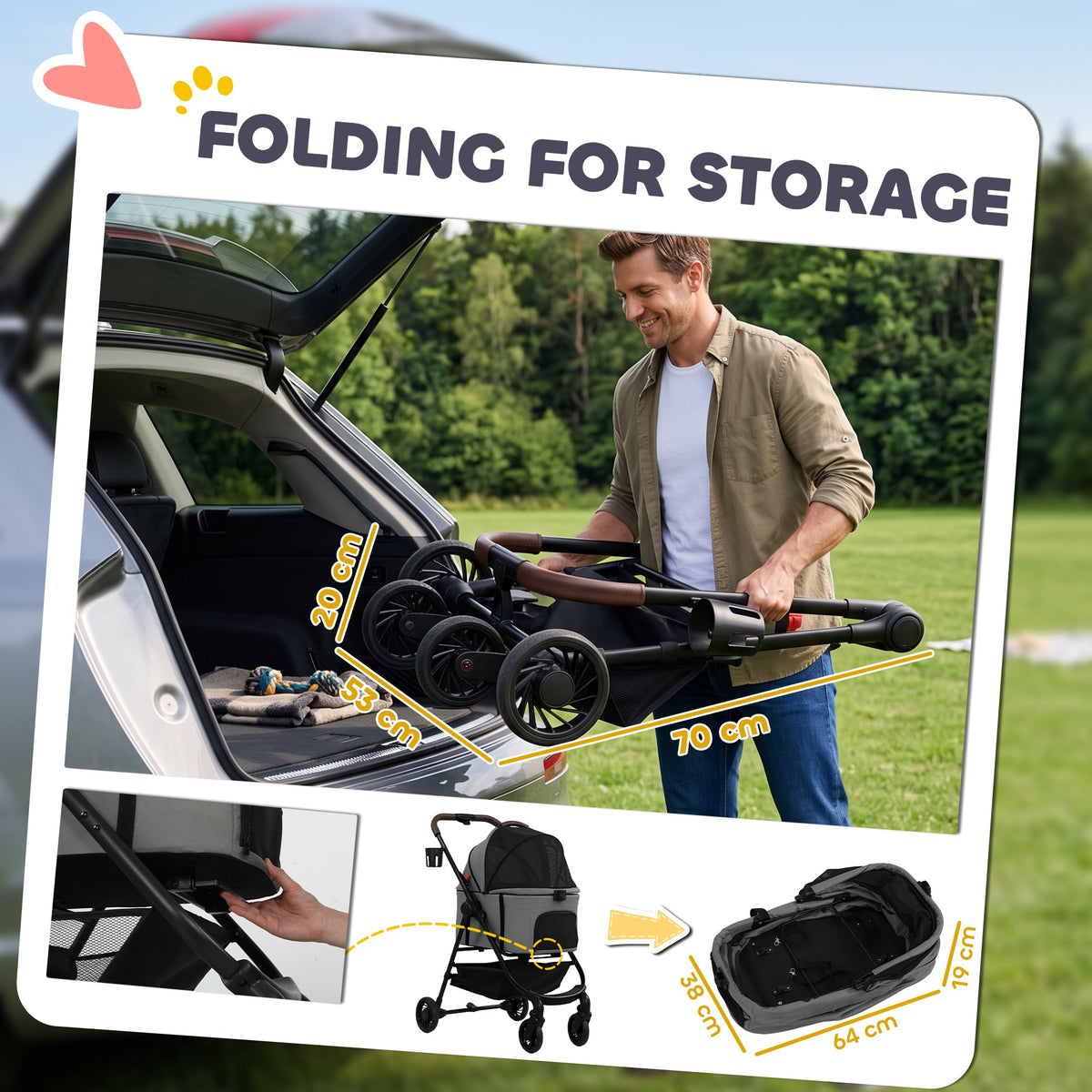 Dog Stroller, 3 in 1 Foldable Pet Stroller for Small Puppy Cat with Detachable Travel Carrier, 4 Wheels Dog Pram with Storage Basket, Seat Leashes, Mesh Window, Grey