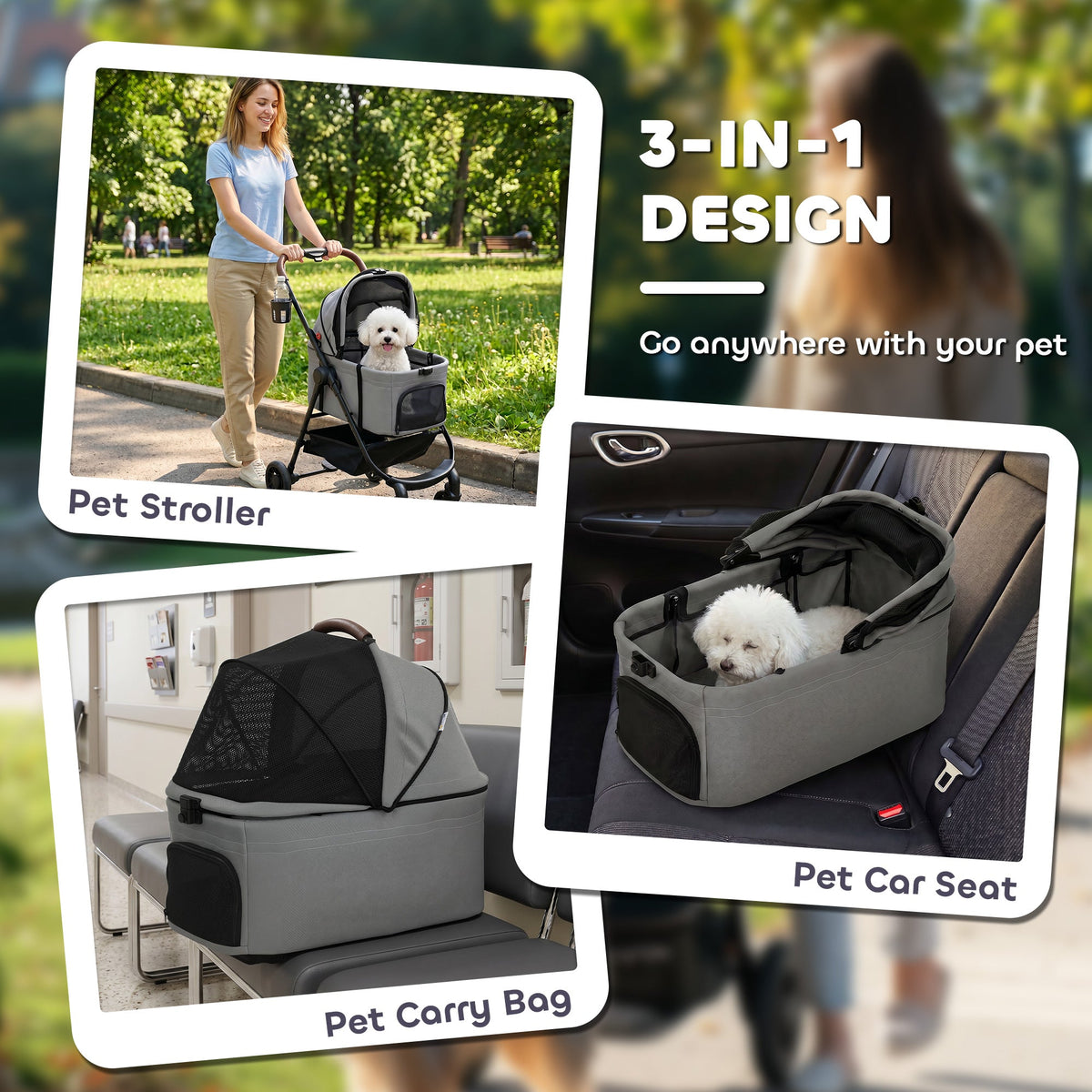 Dog Stroller, 3 in 1 Foldable Pet Stroller for Small Puppy Cat with Detachable Travel Carrier, 4 Wheels Dog Pram with Storage Basket, Seat Leashes, Mesh Window, Grey