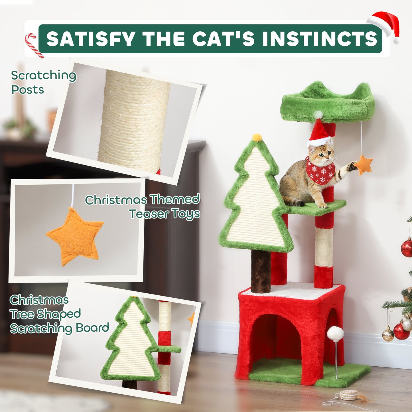 Christmas Cat Tree, 103cm Multilevel Cat Climbing Tower with Scratching Post and Board, Condo, Platform and Toys, Kitty Activity Centre for Indoor Kittens, Green