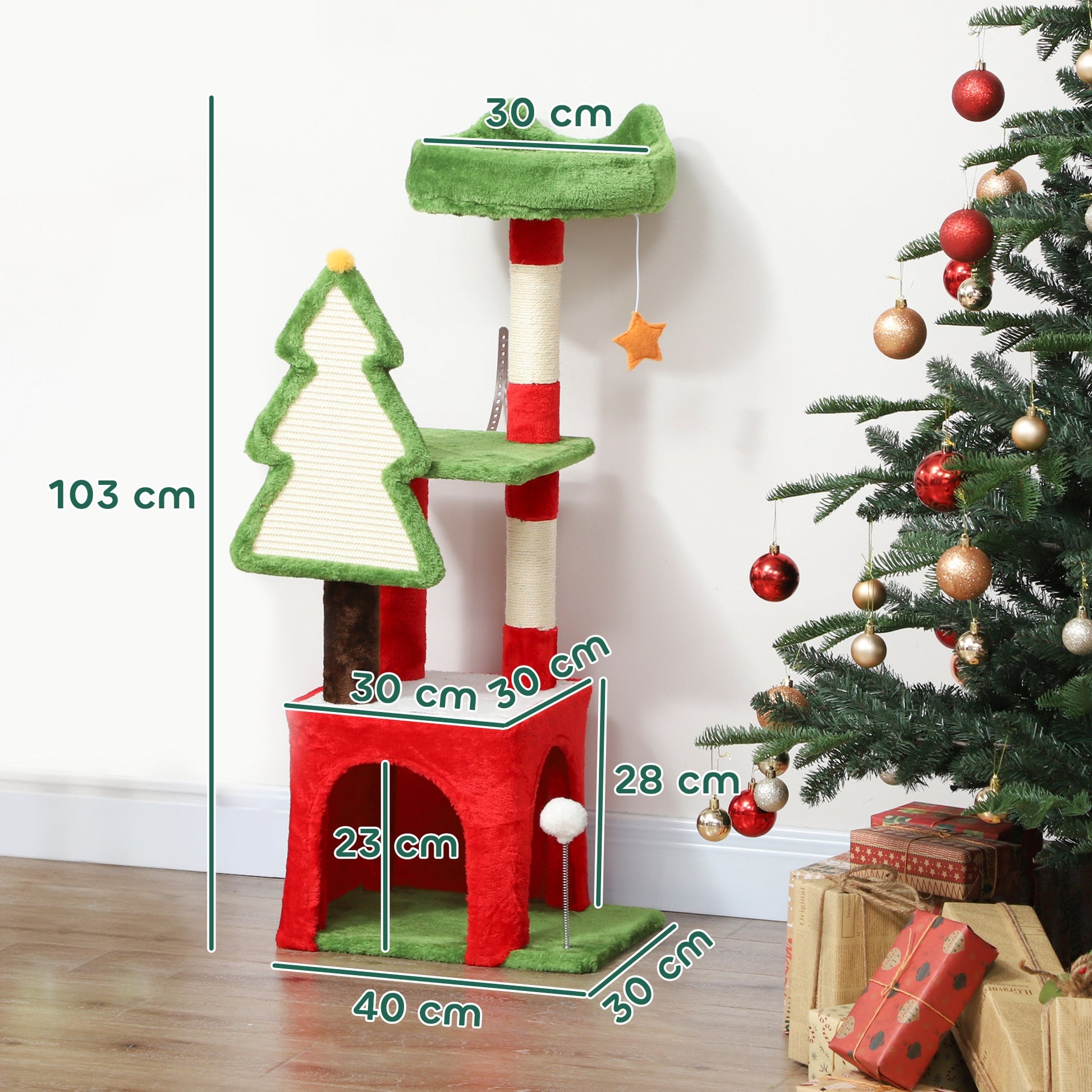 Christmas Cat Tree, 103cm Multilevel Cat Climbing Tower with Scratching Post and Board, Condo, Platform and Toys, Kitty Activity Centre for Indoor Kittens, Green