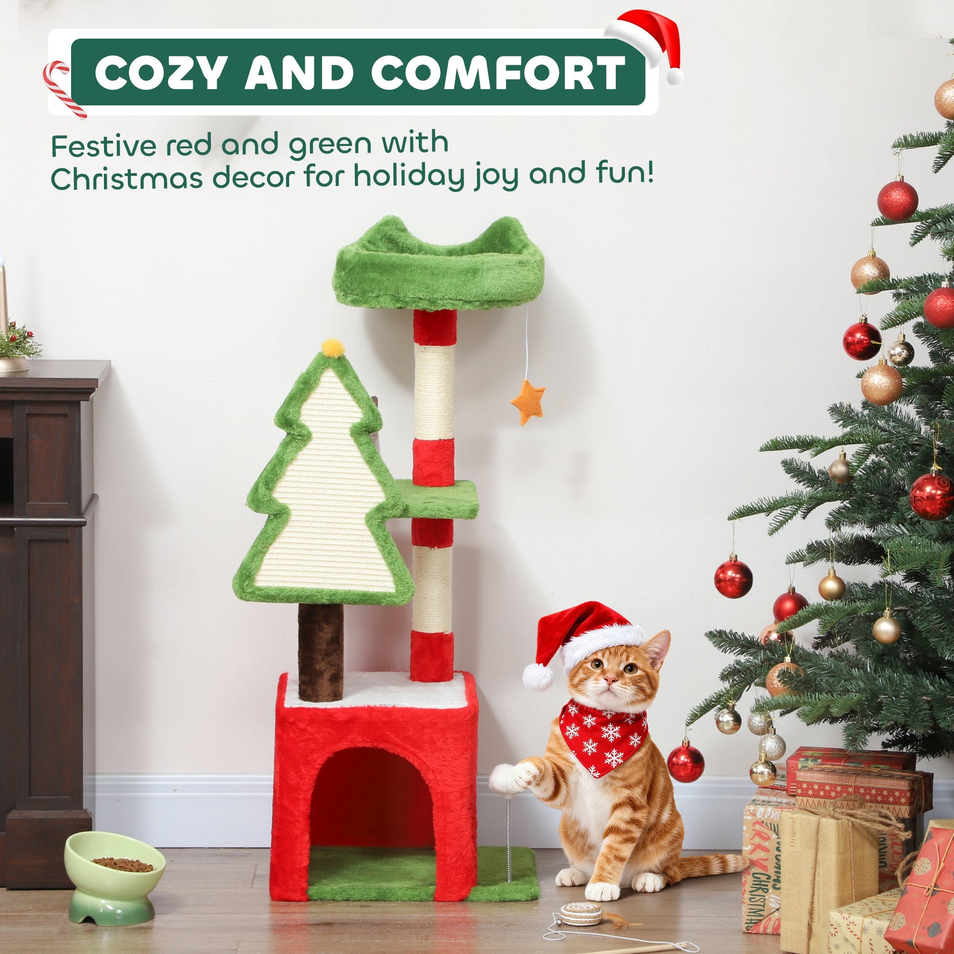 Christmas Cat Tree, 103cm Multilevel Cat Climbing Tower with Scratching Post and Board, Condo, Platform and Toys, Kitty Activity Centre for Indoor Kittens, Green